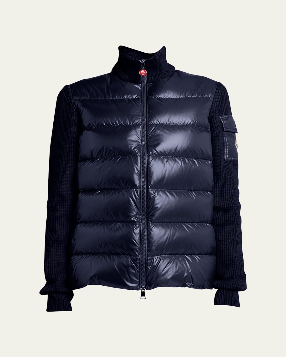 Moncler Mixed Media Wool Puffer Cardigan In Navy
