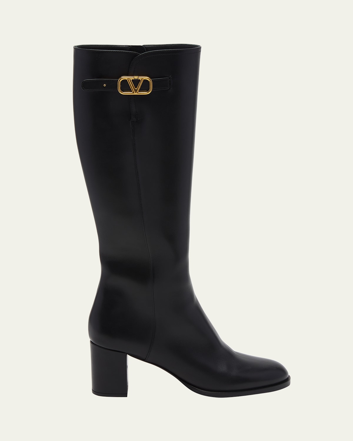 Valentino Leather Knee High Boots With V Logo In Nero