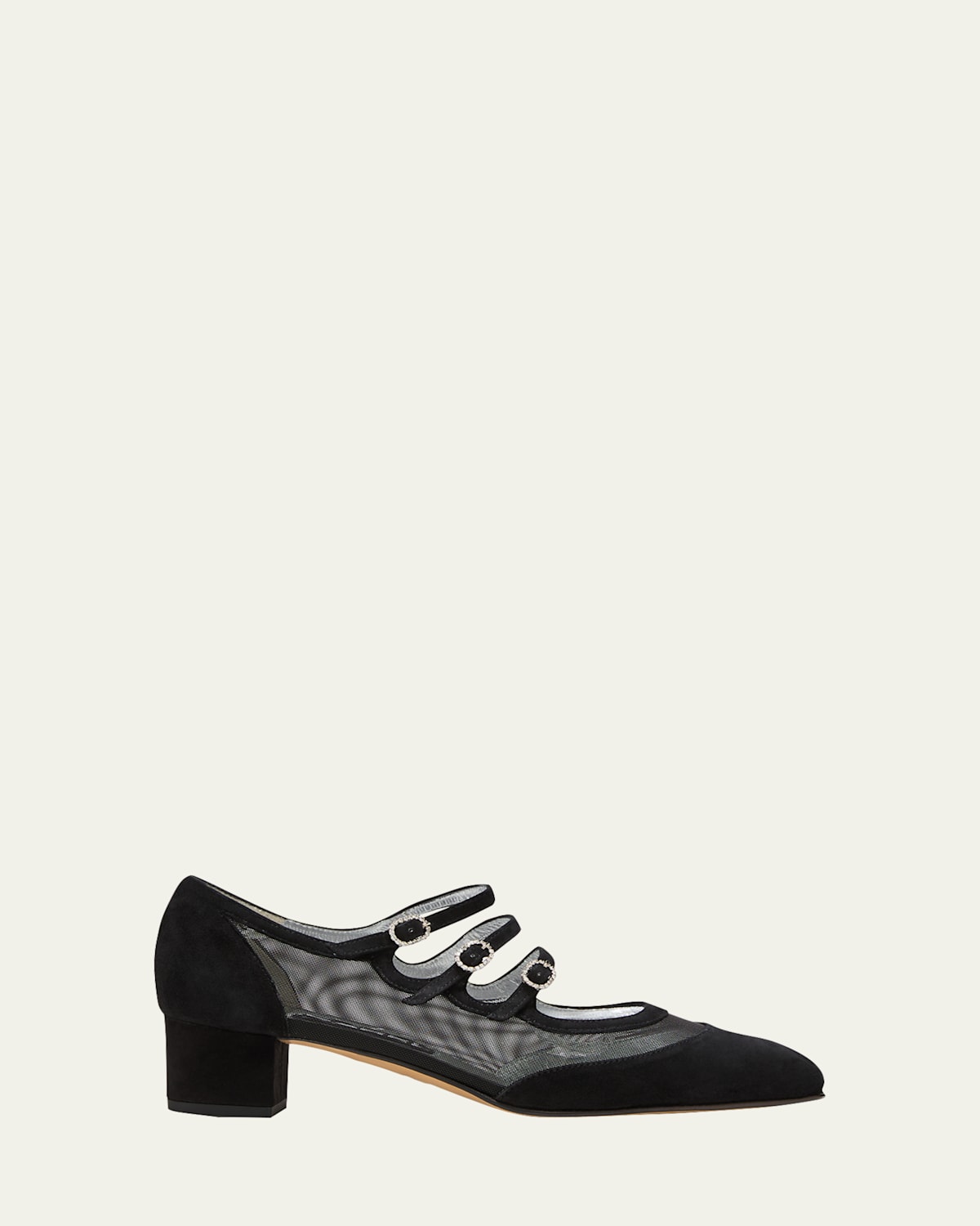 Carel ‘knight' 40 Triple Strap Crystal Embellished Buckle Suede Mesh Mary Jane Heels In Black