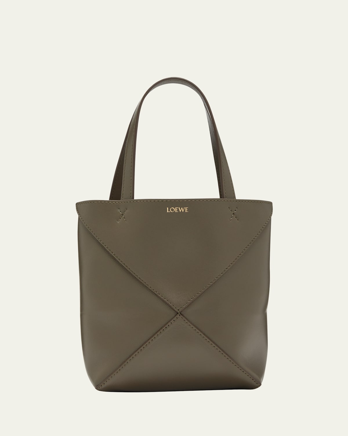 Loewe Puzzle Fold Mini Tote Bag In Shiny Leather In Dark Khaki Green
