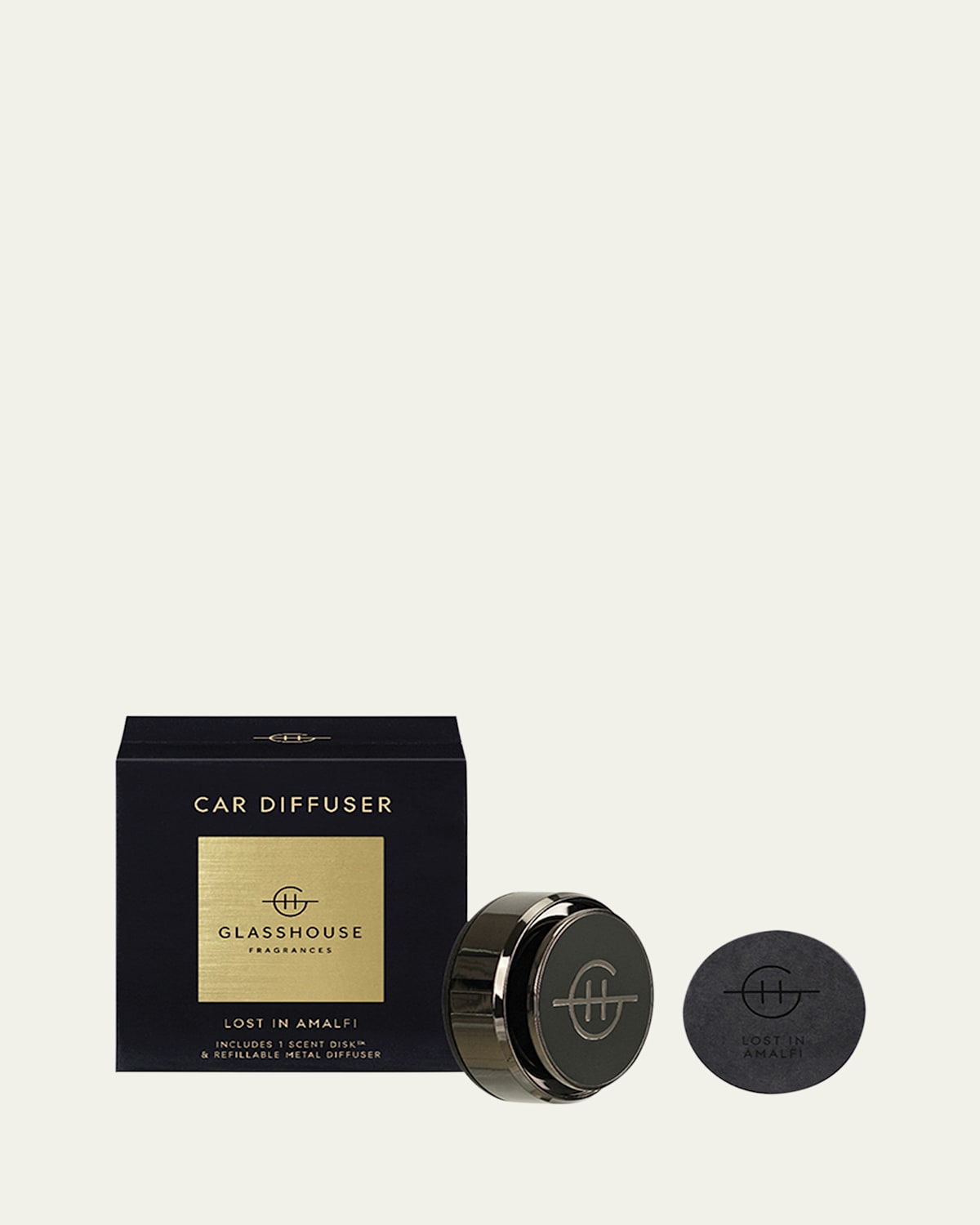 Glasshouse Fragrances Black Car Diffuser With Lost In Amalfi Replacement Scent Disk