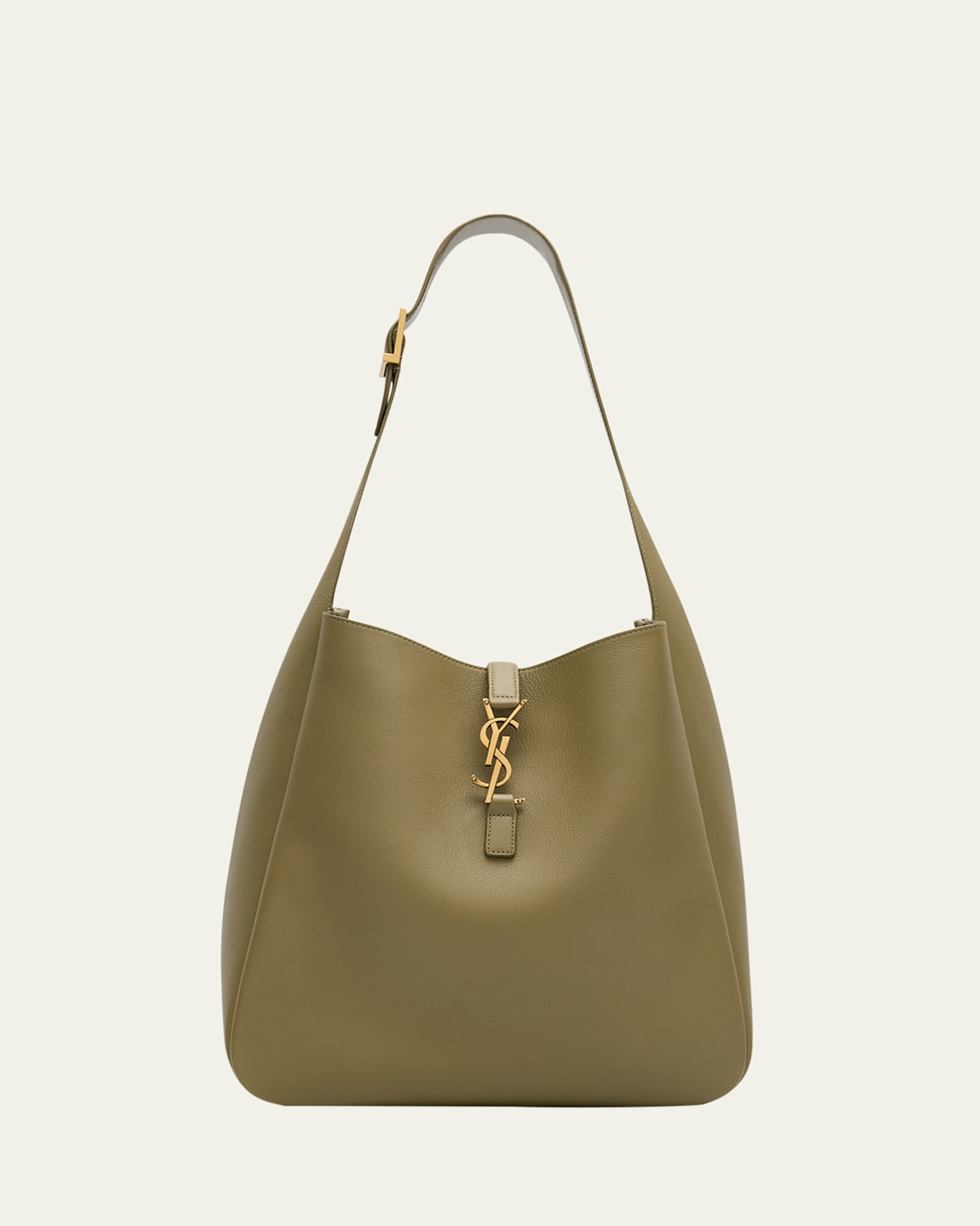 Saint Laurent Le 5a7 Large Ysl Shoulder Hobo Bag In Smooth Leather In Strong Moss