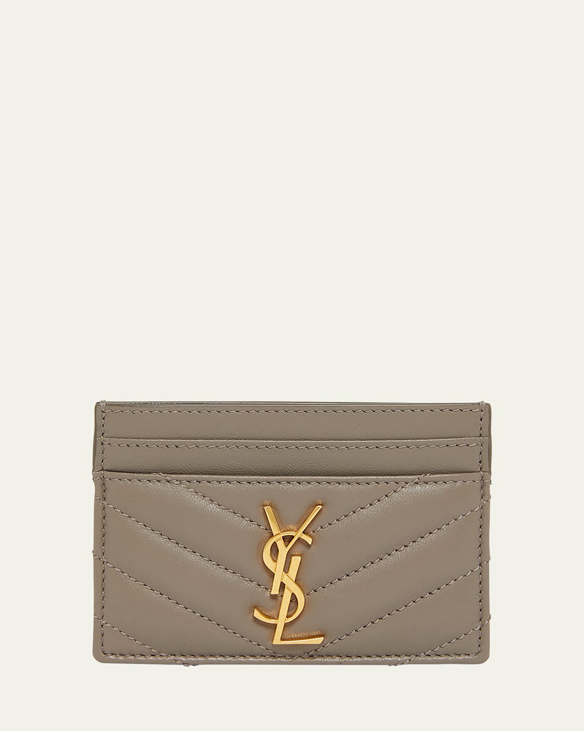 Saint Laurent Ysl Monogram Card Case In Quilted Smooth Leather In Greyish Brown