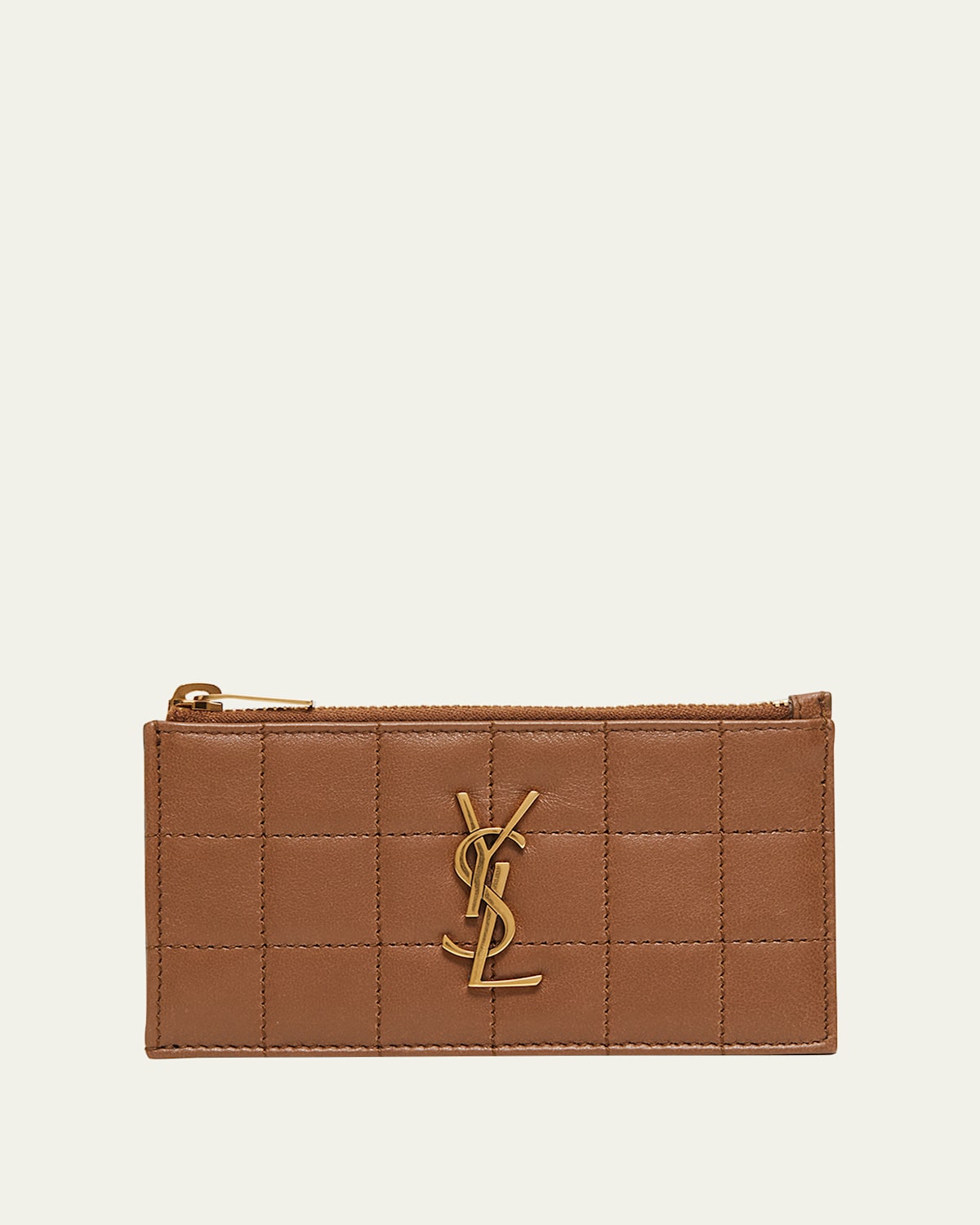 Cassandre Ysl Ziptop Card Case In Quilted Smooth Leather In Fox