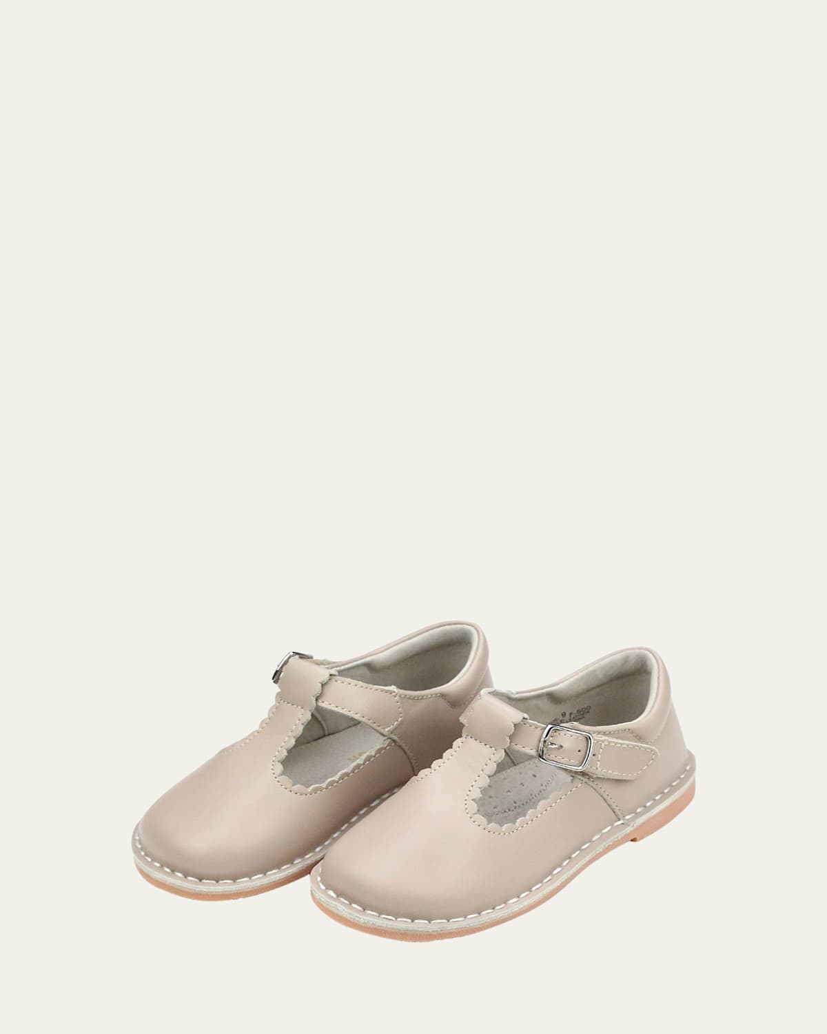 L'amour Shoes Girl's Selina Scalloped Leather T-strap Mary Jane Flats, Baby/toddler/kid In Almond