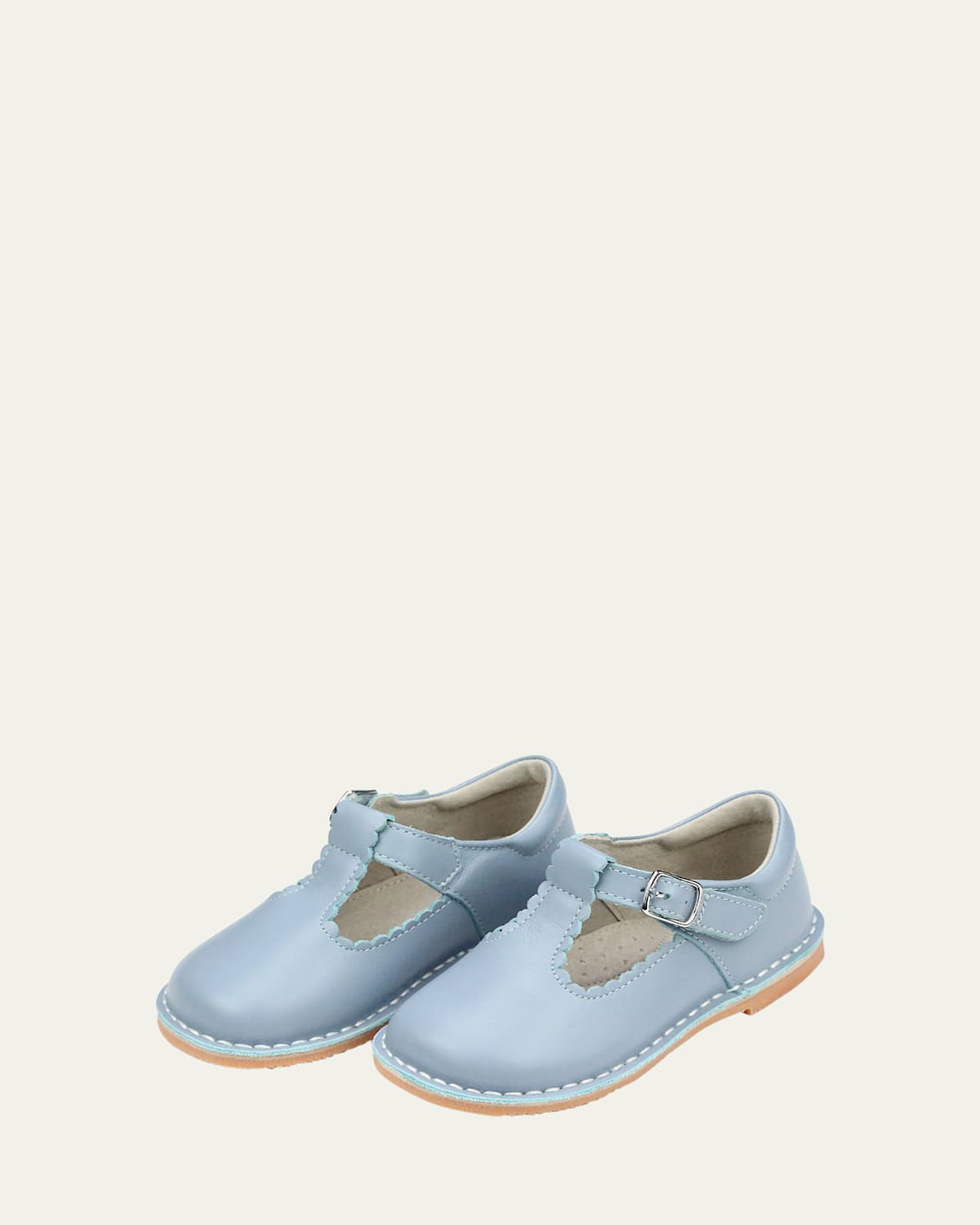 Shop L'amour Shoes Girl's Selina Scalloped Leather T-strap Mary Jane Flats, Baby/toddler/kid In Dusty Blue