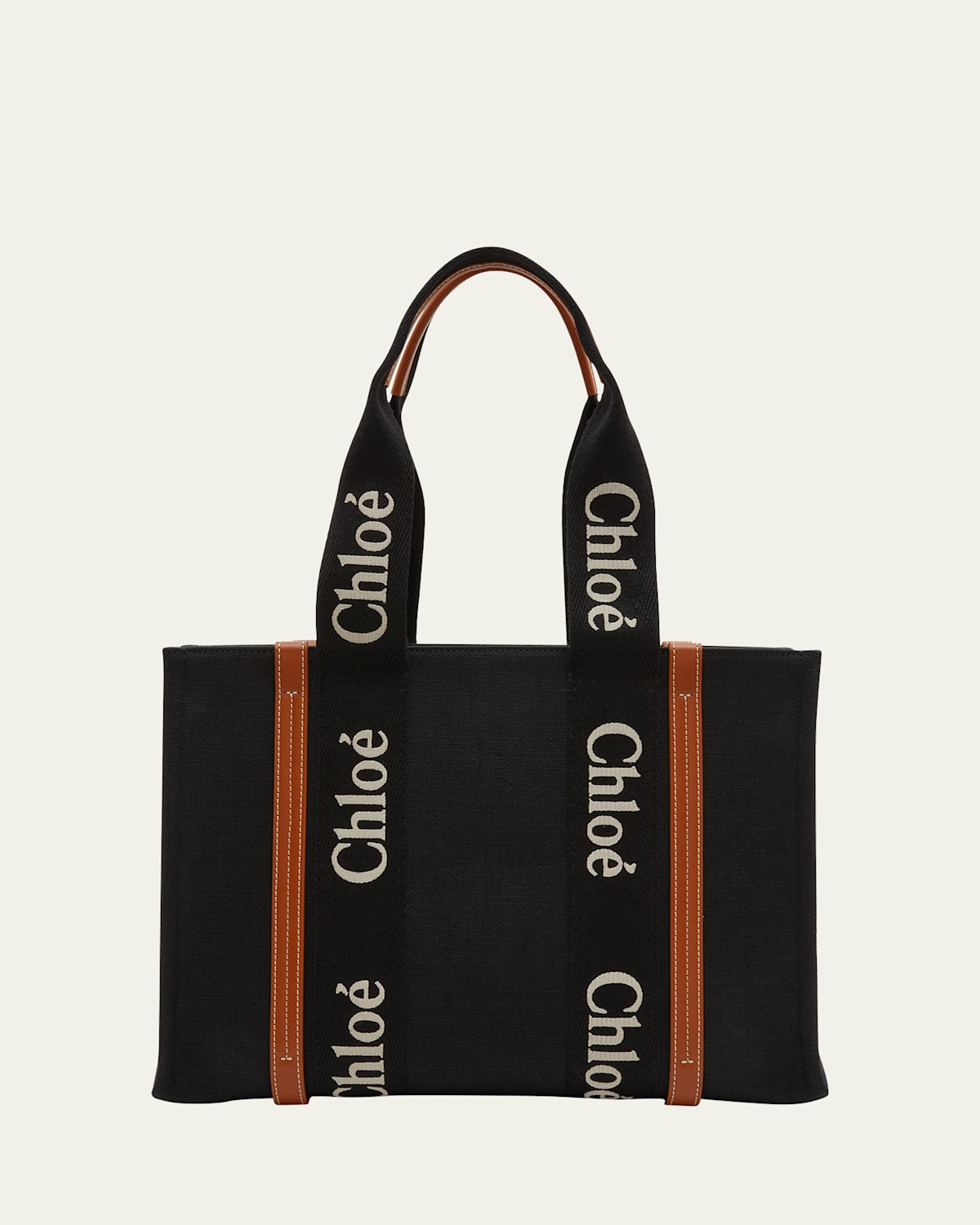 Chloé Woody Medium Tote Bag With Logo Webbing In Canvas In Black