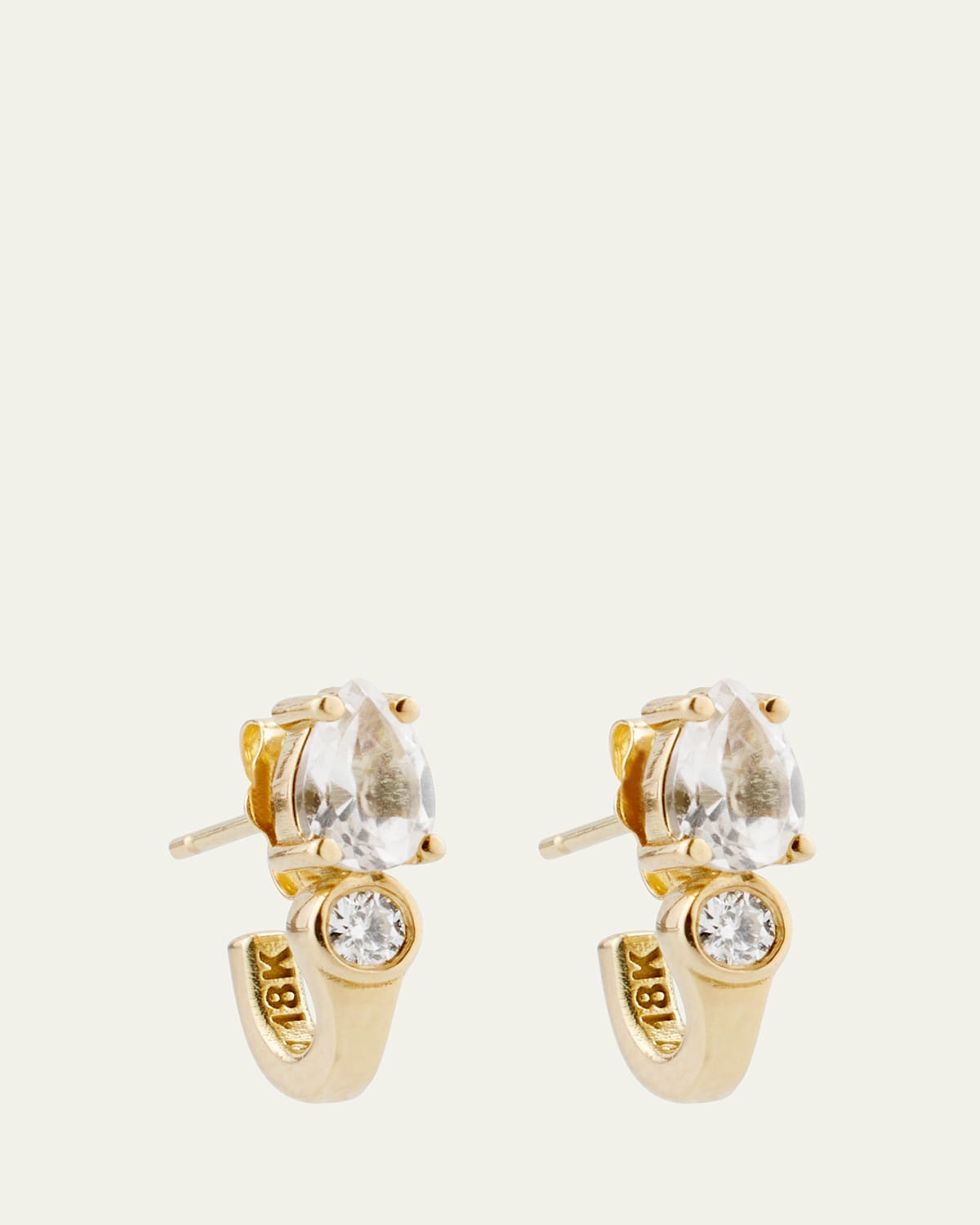 18K Yellow Gold Pear White Topaz and Diamond Huggie Hoop Earrings