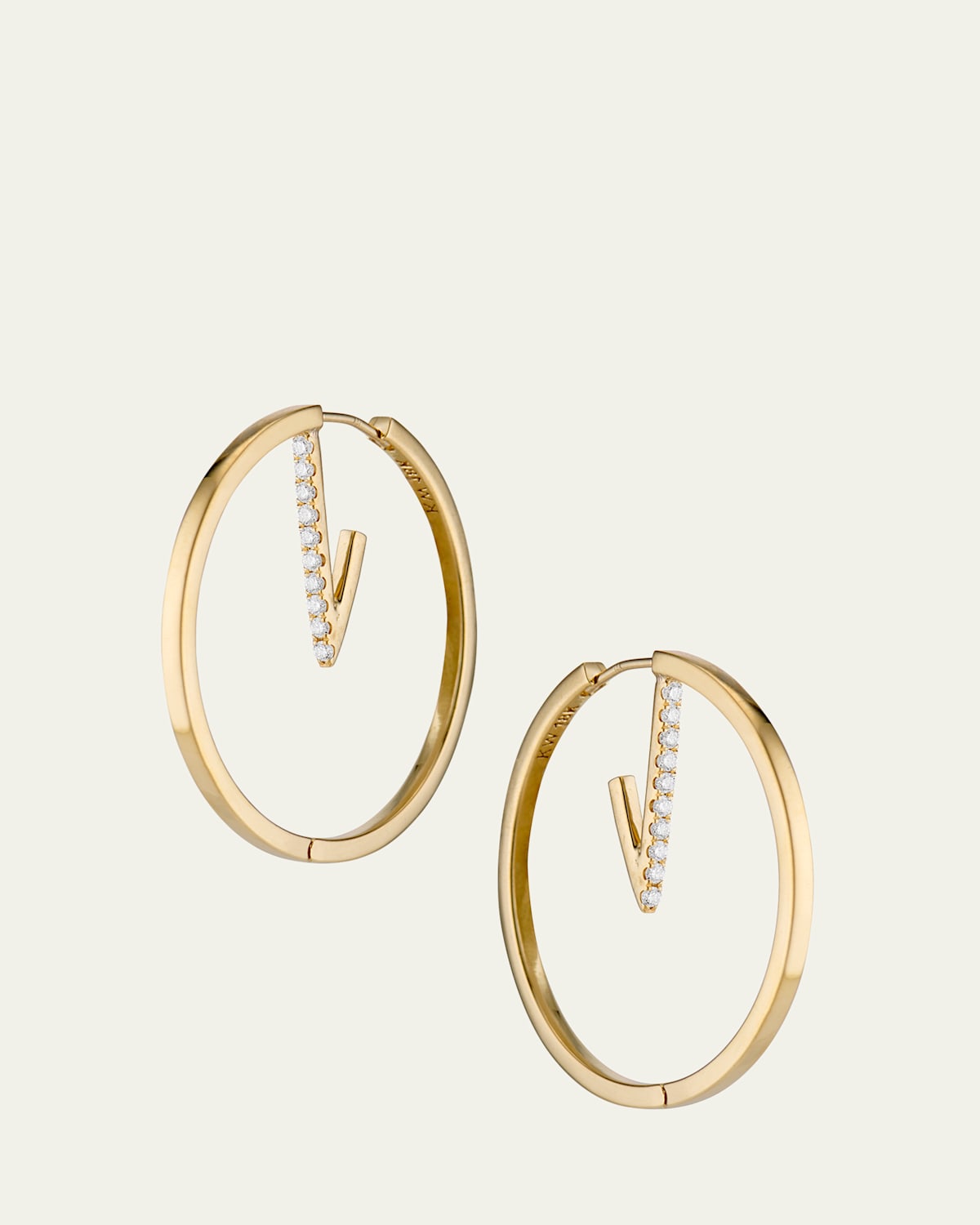 18K Yellow Gold Large Double Hoop Triangle Pave Diamond Earrings