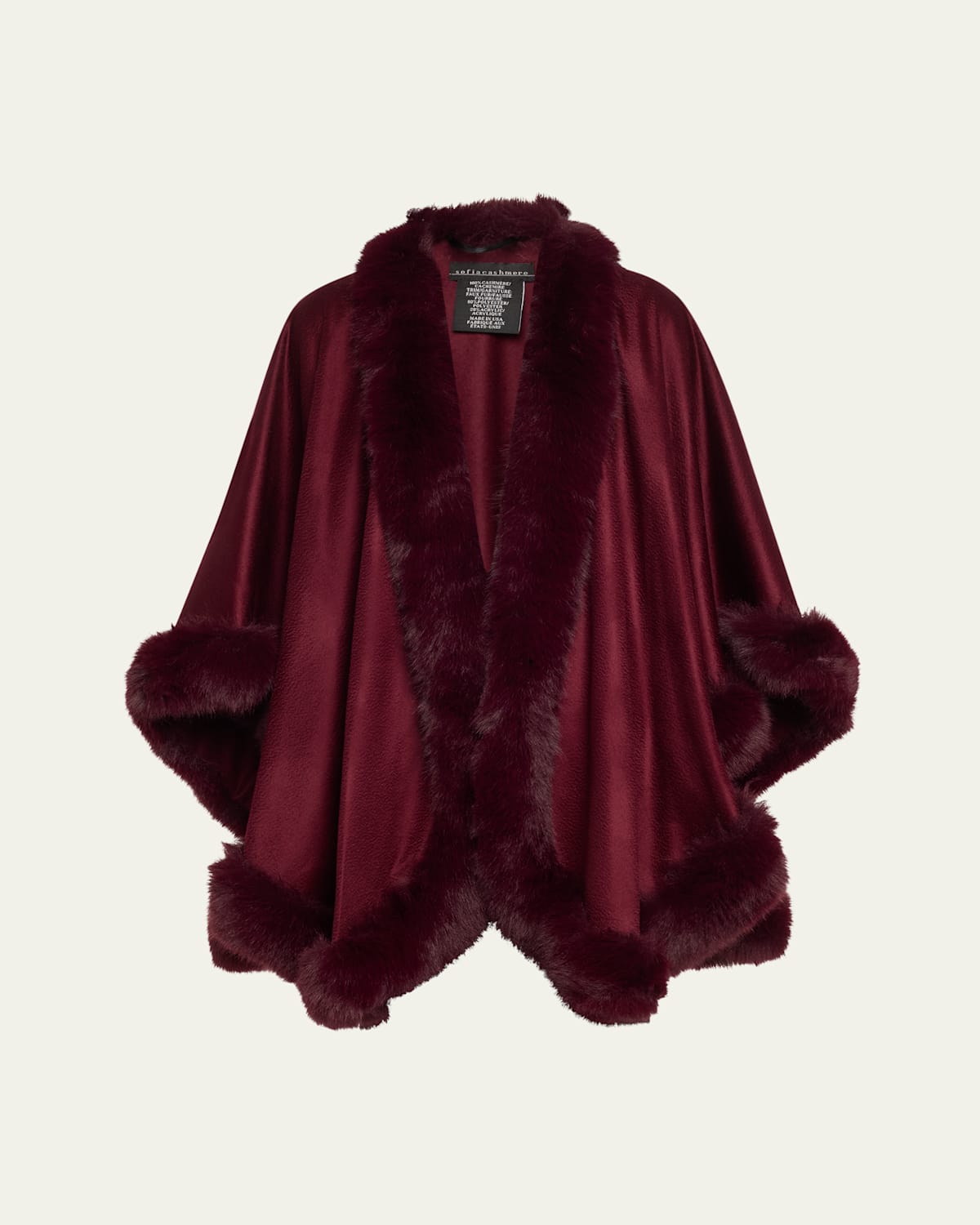 Sofia Cashmere Cashmere Cape With Faux Fur Trim In Wine