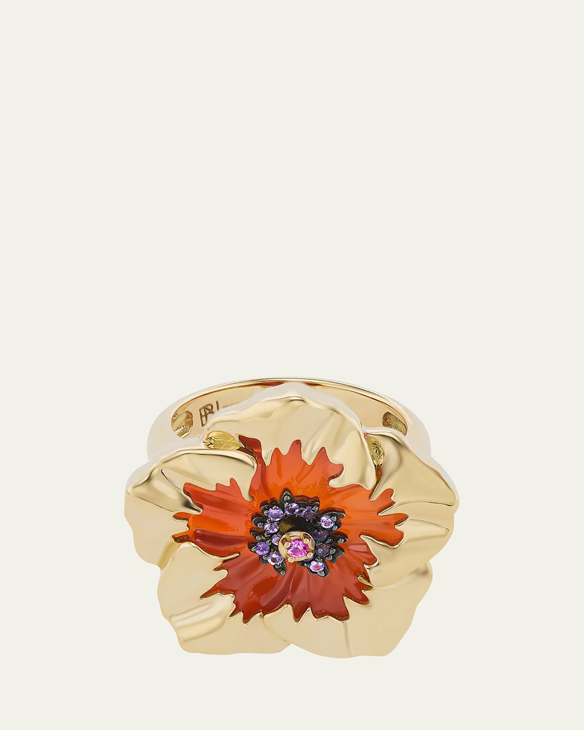Brent Neale 18K Yellow Gold Carnelian Hibiscus Ring with Sapphire and Amethyst