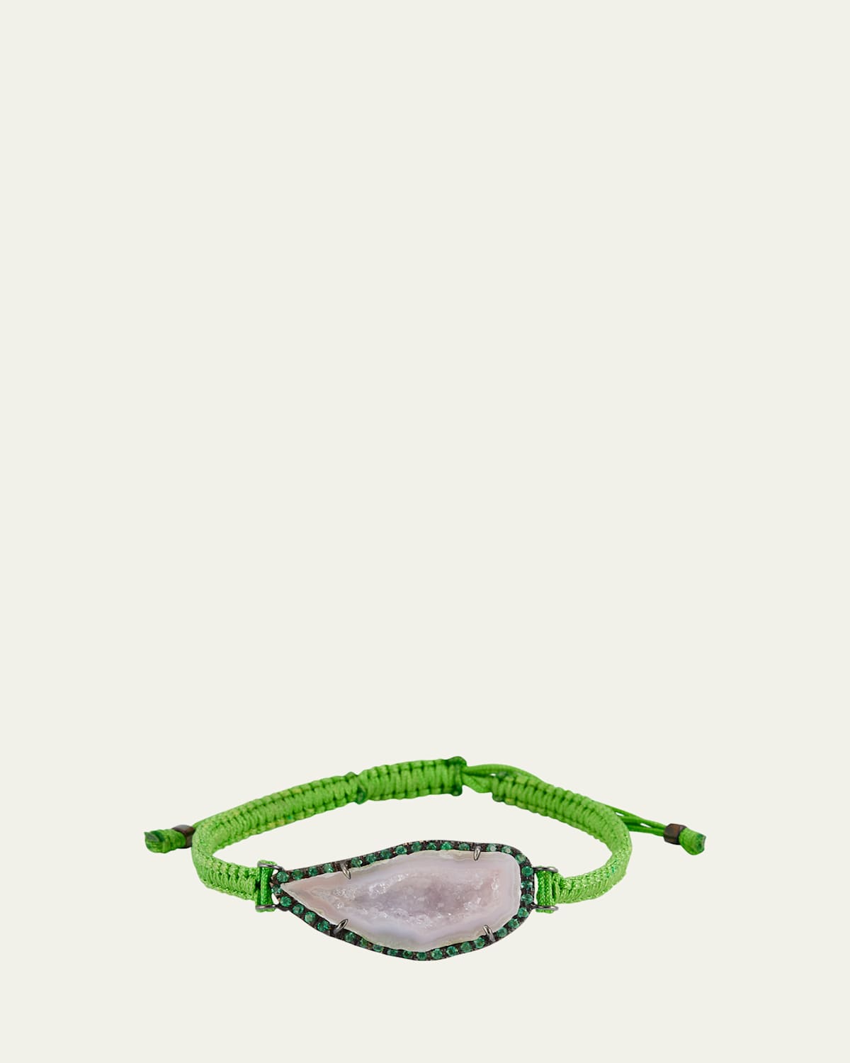 18k White Gold Black Rhodium Light Geode on Green Macrame Bracelet with Emerald Bezel