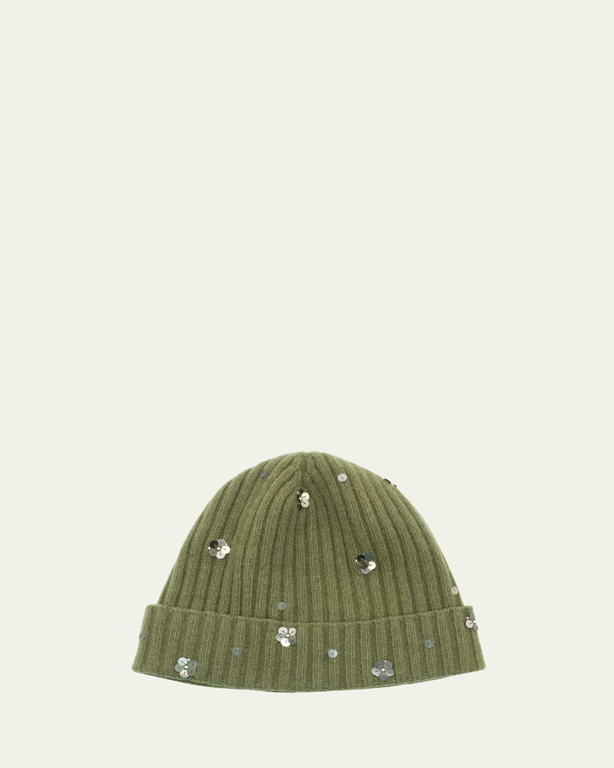 Portolano Sequin Floral Ribbed Cashmere Beanie In Martini Olive