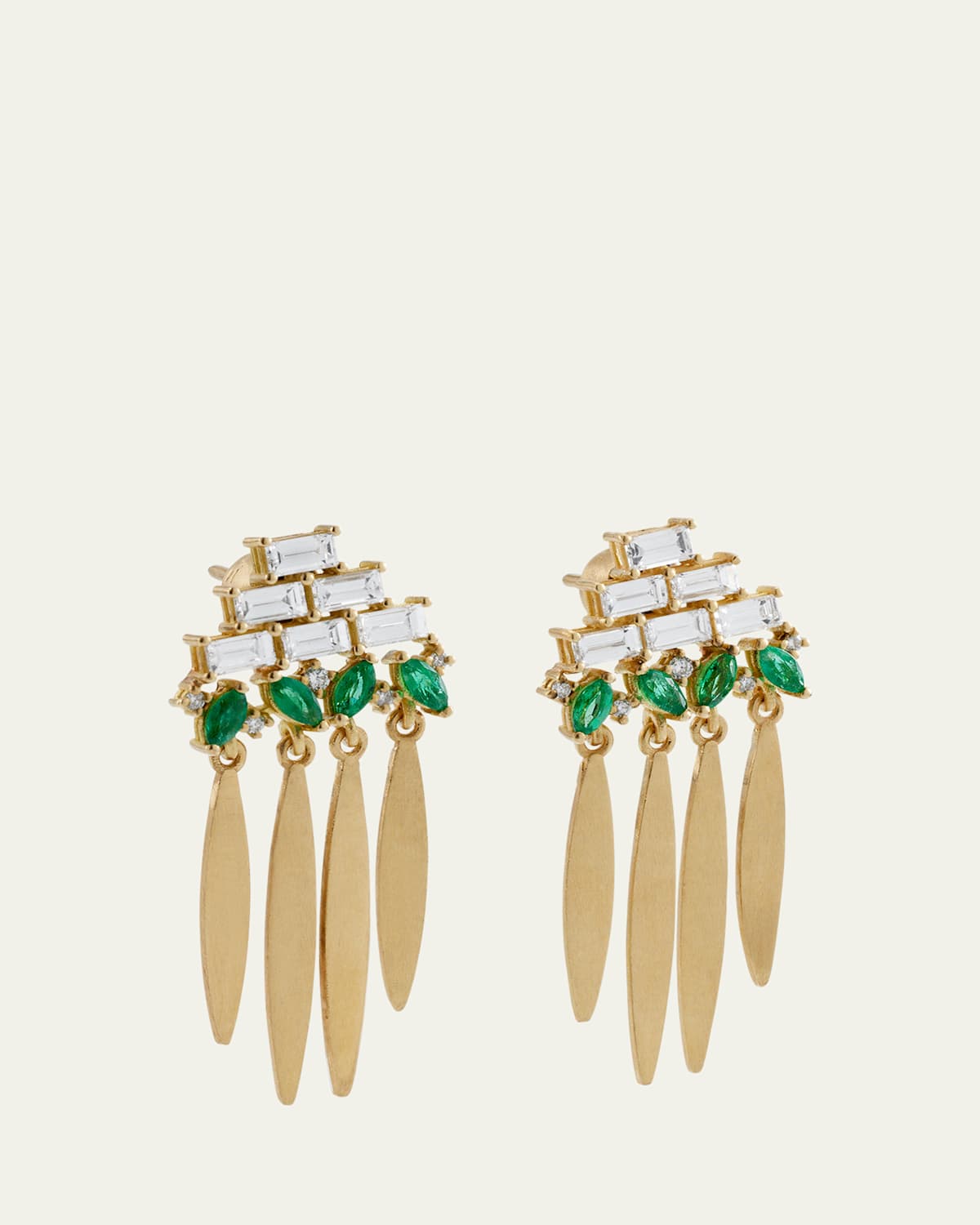18K Yellow Gold Grass Spike Earrings with Diamonds and Emeralds