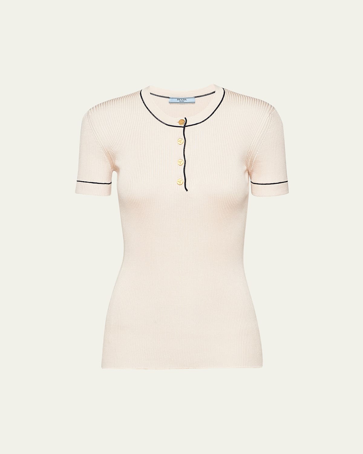 Prada Silk Knit Ribbed Shirt With Contrast Tipping In Naturale
