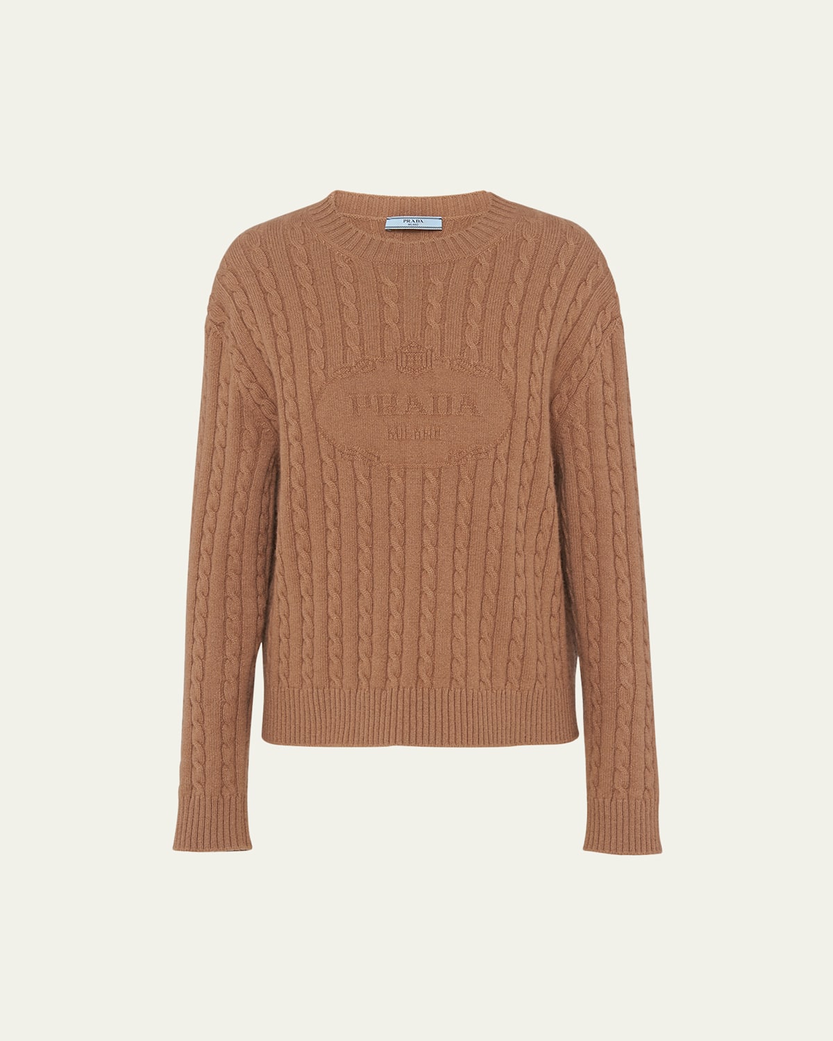 Prada Embossed Logo Cable Cashmere Sweater In Cammello