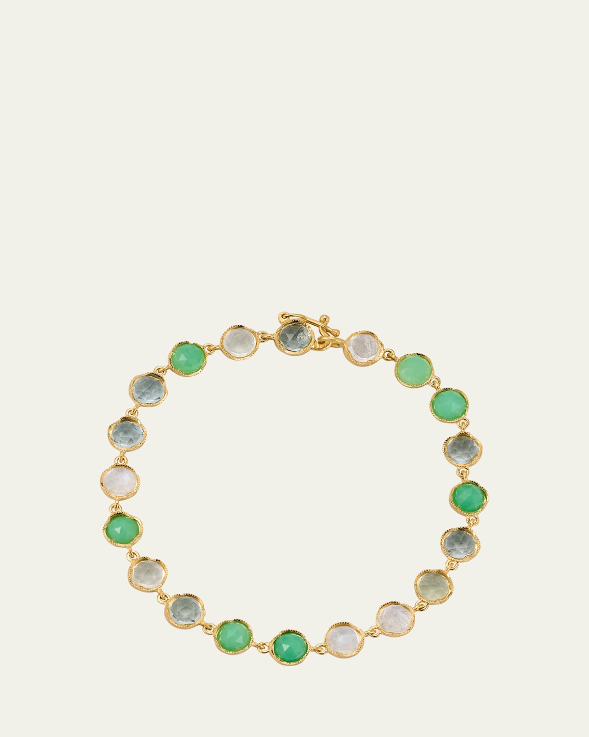 18K Yellow Gold Chrysoprase, Aquamarine and Rainbow Moonstone Bracelet