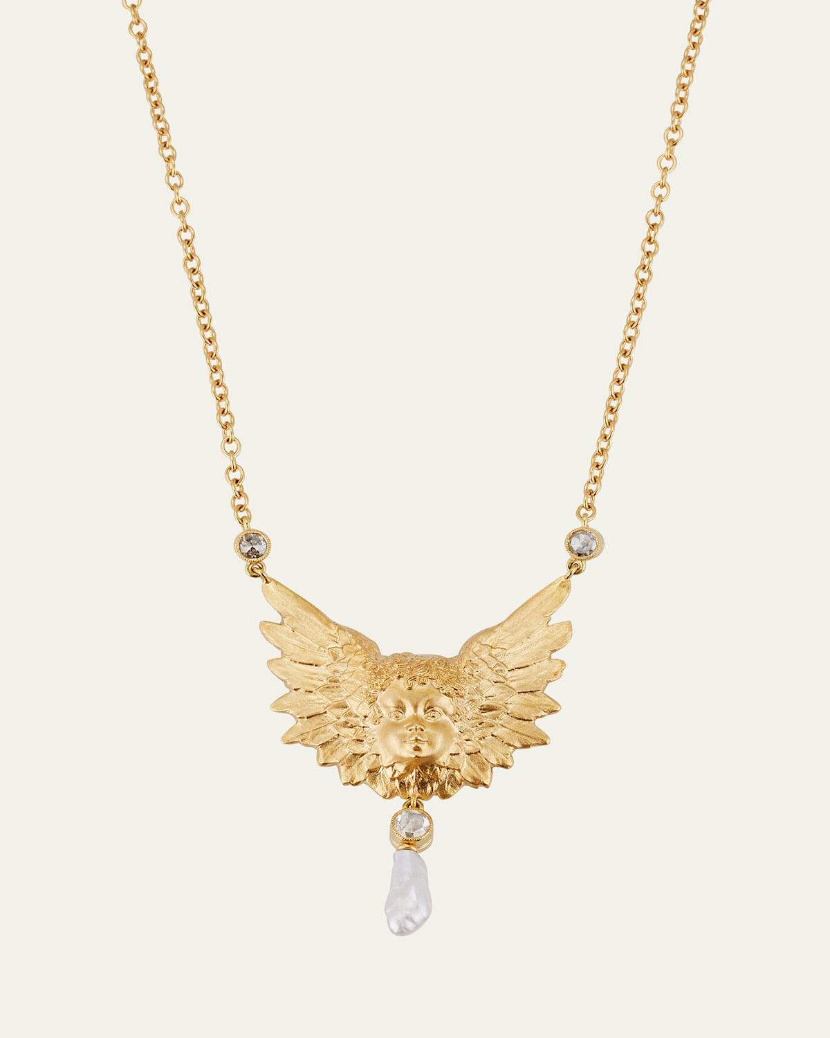 18K Yellow Gold Putti Necklace with Pearl and Diamonds, 16"L