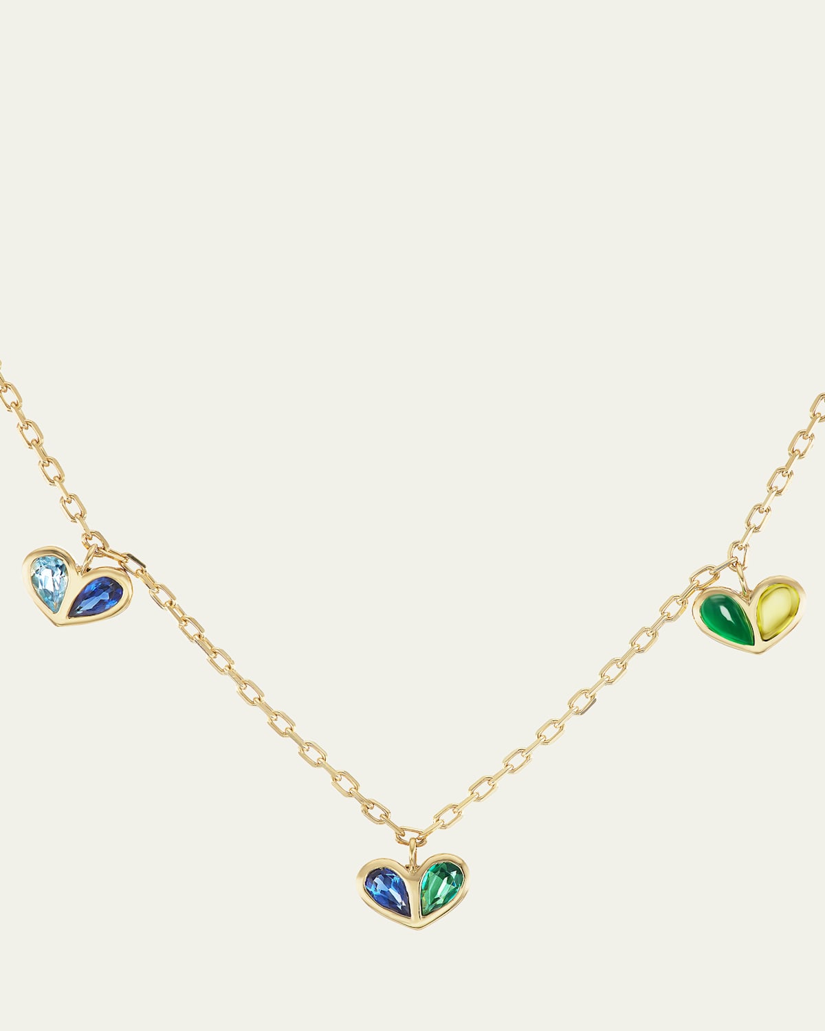 Yellow Gold Sweetheart Necklace with Aquamarine, Blue Sapphire, Emerald and Peridot