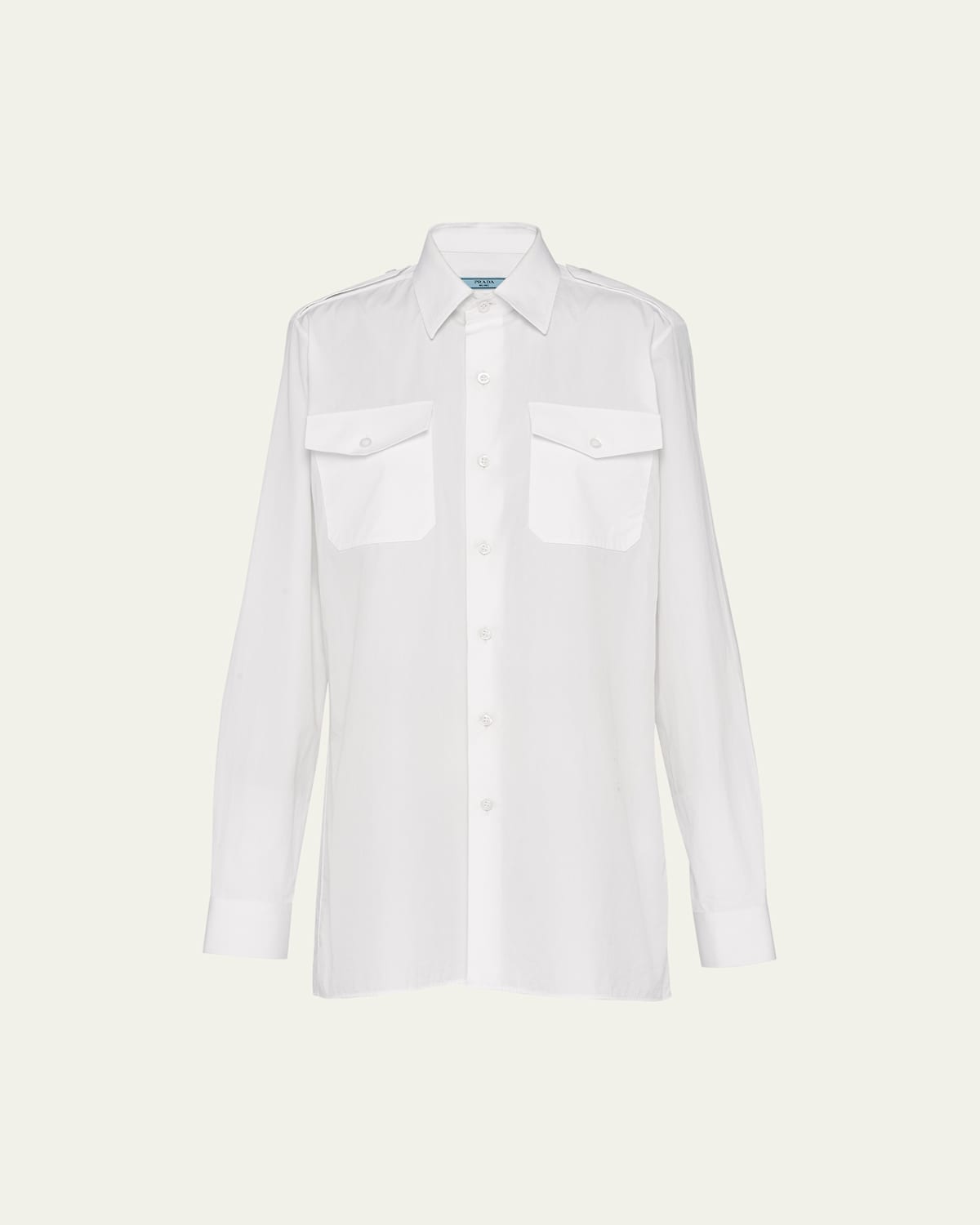 Prada Longline Shirt With Pointed Collar And Chest Pockets In Bianco