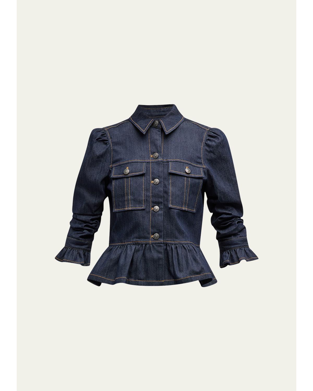 Delanie Scrunched-Sleeve Peplum Denim Jacket