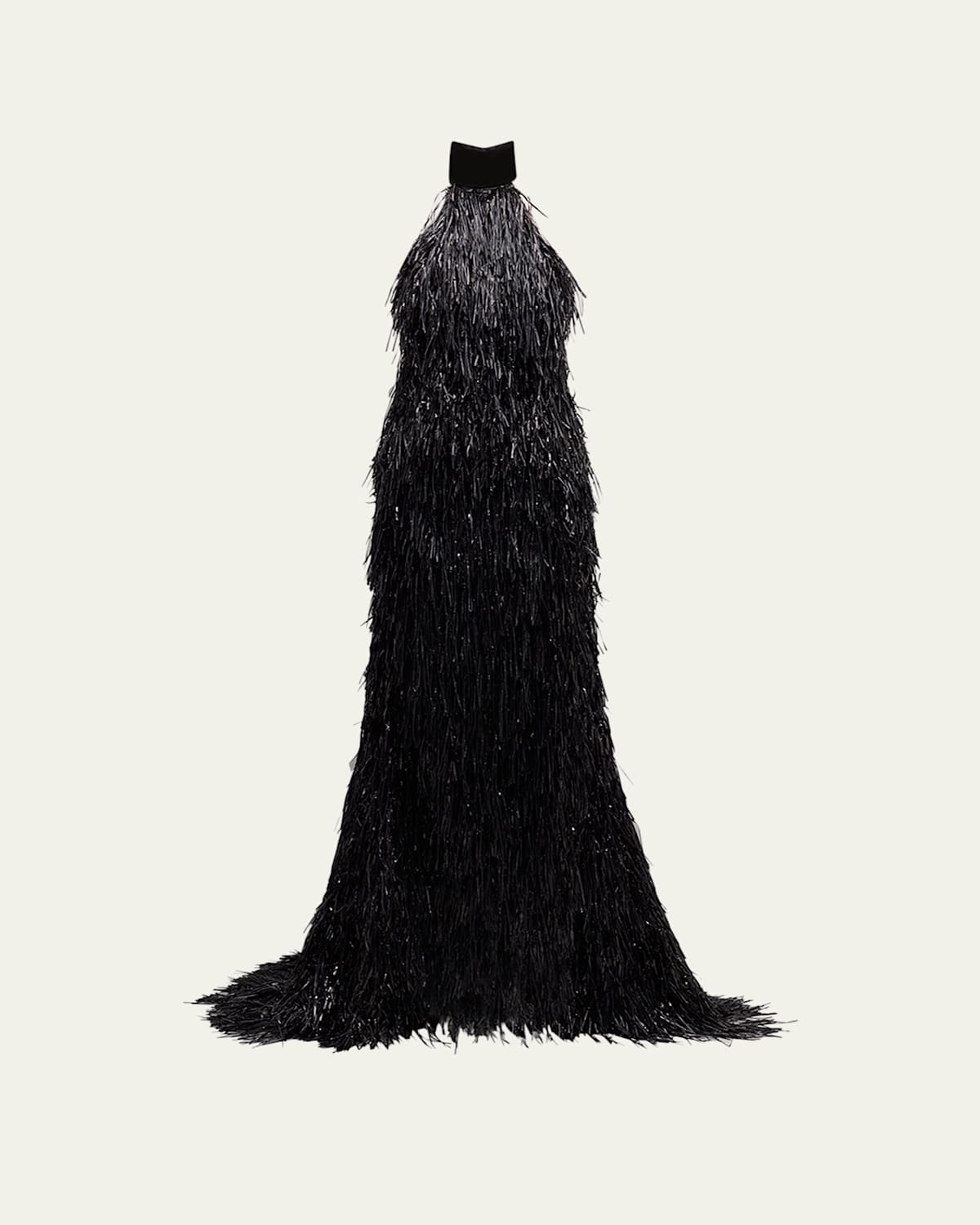 Laquan Smith Mock-neck Halter Fringe Gown In Black