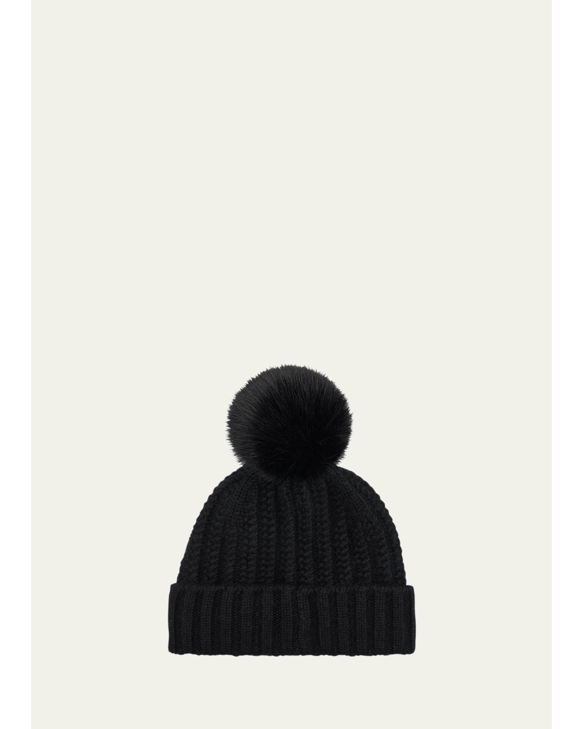 Sofia Cashmere Braided Knit Cashmere Beanie With Faux Fur Pom In Solid Black