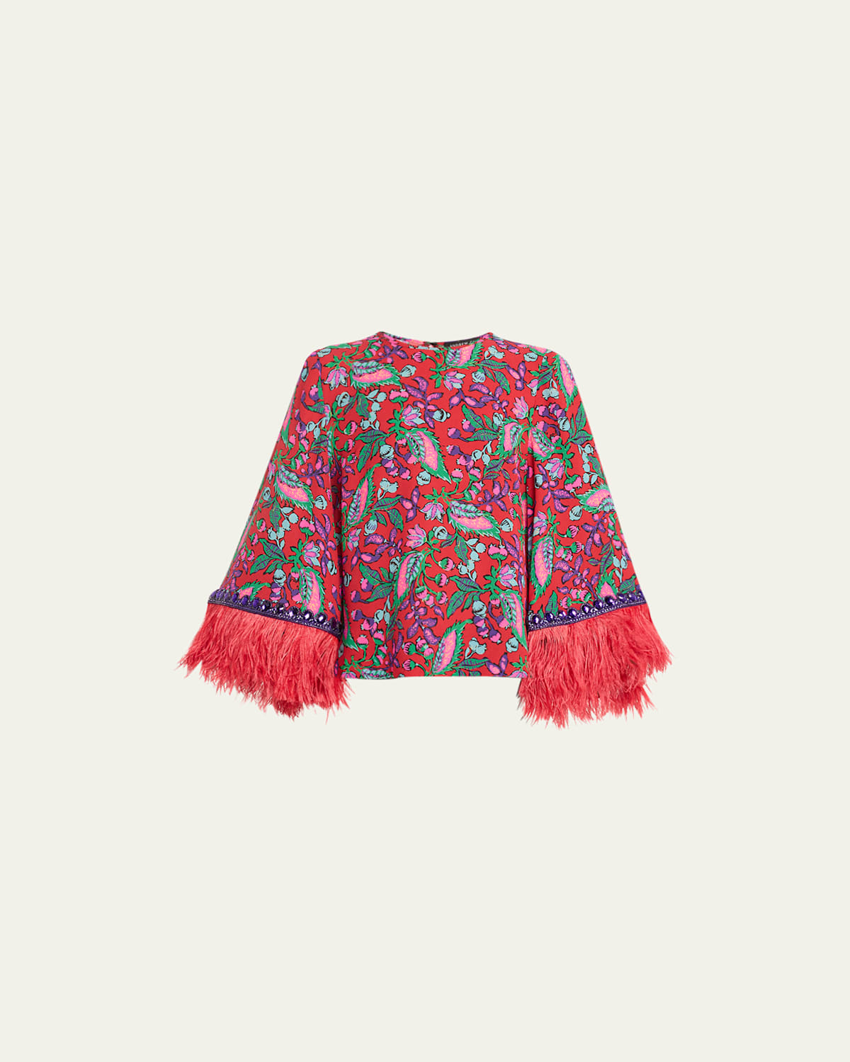 Floral-Print Feather Crystal-Trim Sleeve Silk Top