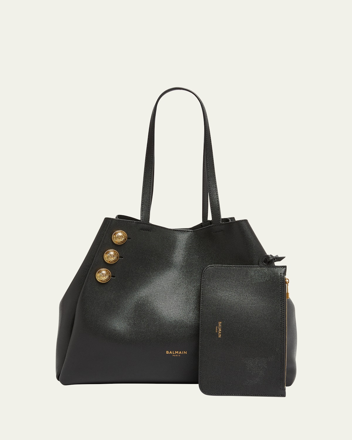 Balmain Embleme Shopper Tote Bag In Grained Leather In Noir