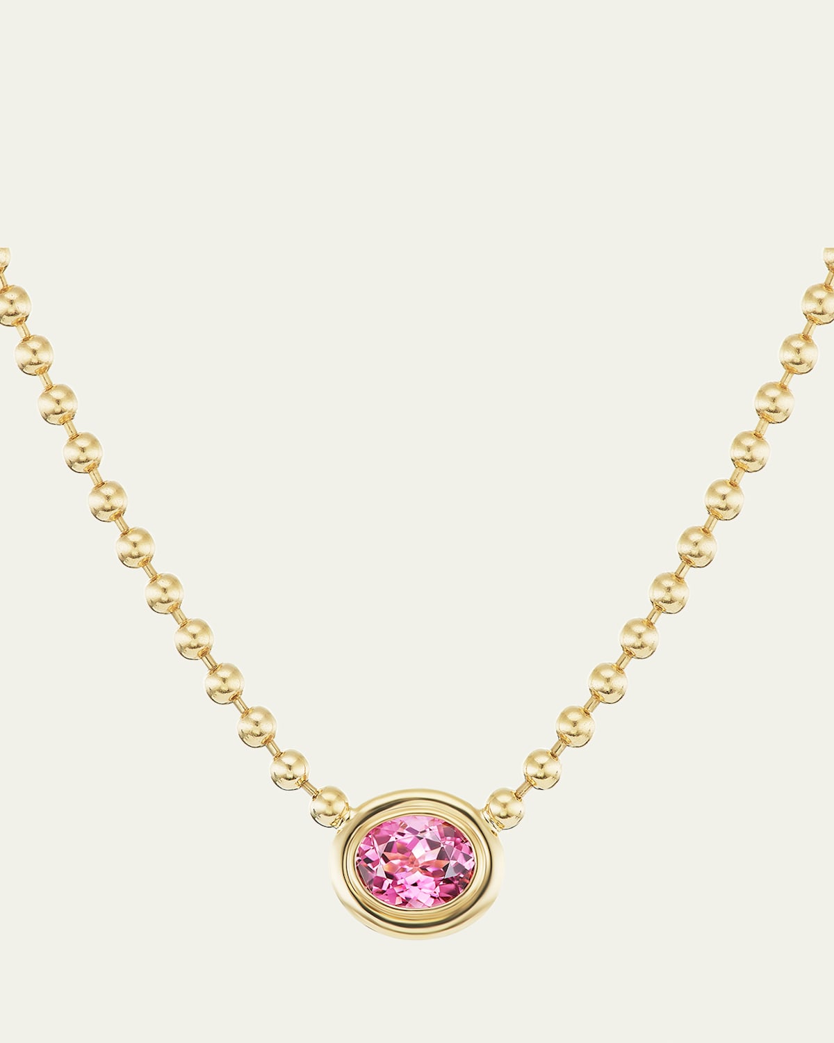 18K Yellow Gold Double Bubble Bezel Pink Tourmaline Oval Pendant Necklace
