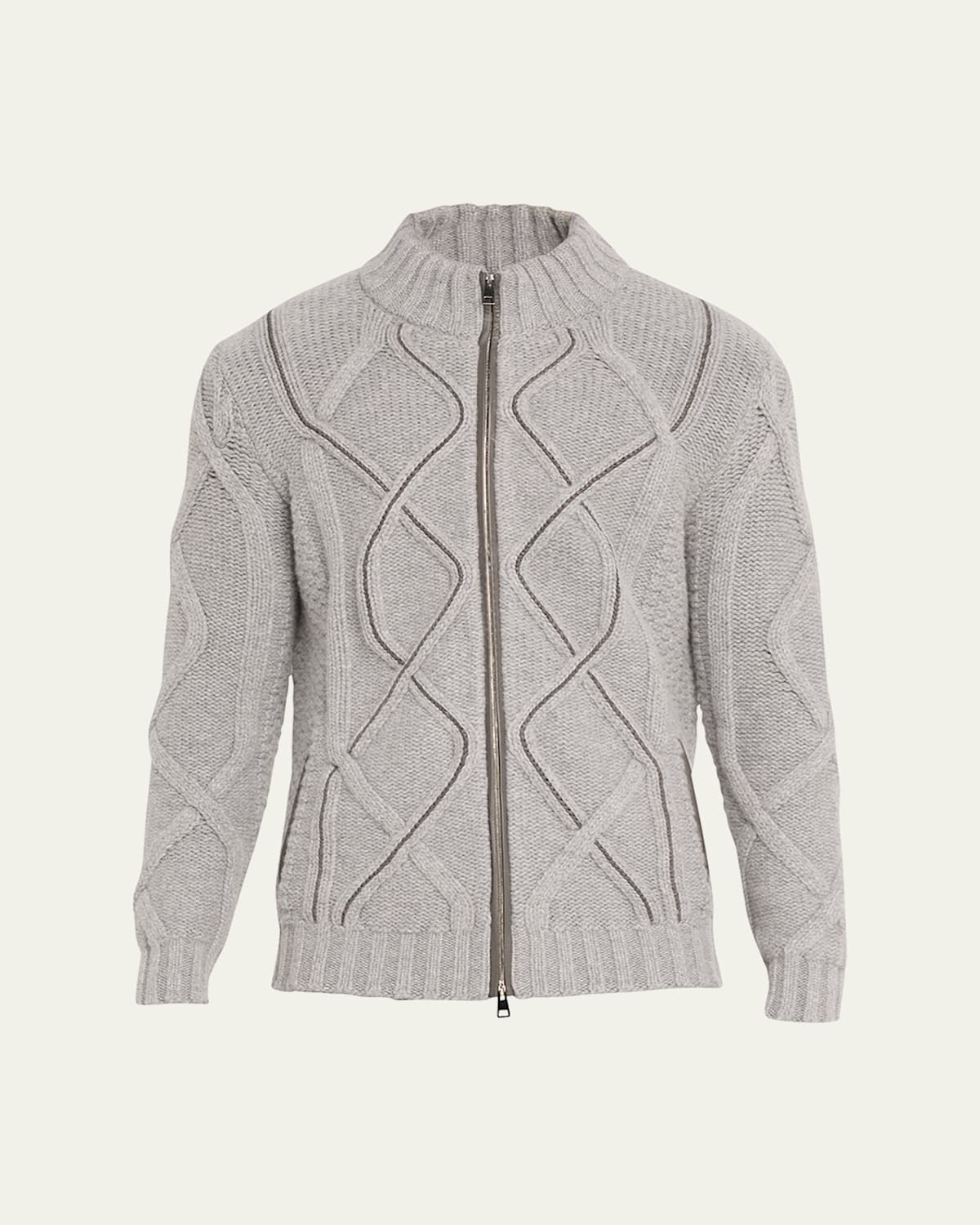 Bergdorf Goodman Men's Wool-cashmere Cable Knit Full-zip Sweater In Grey