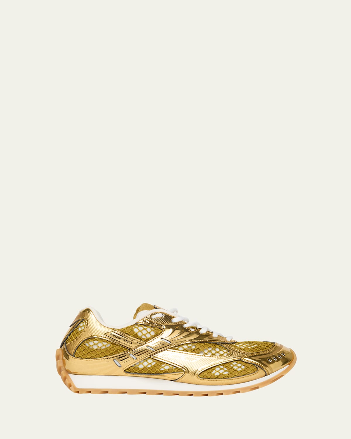 Shop Bottega Veneta Orbit Metallic Net Runner Sneakers In Gold White