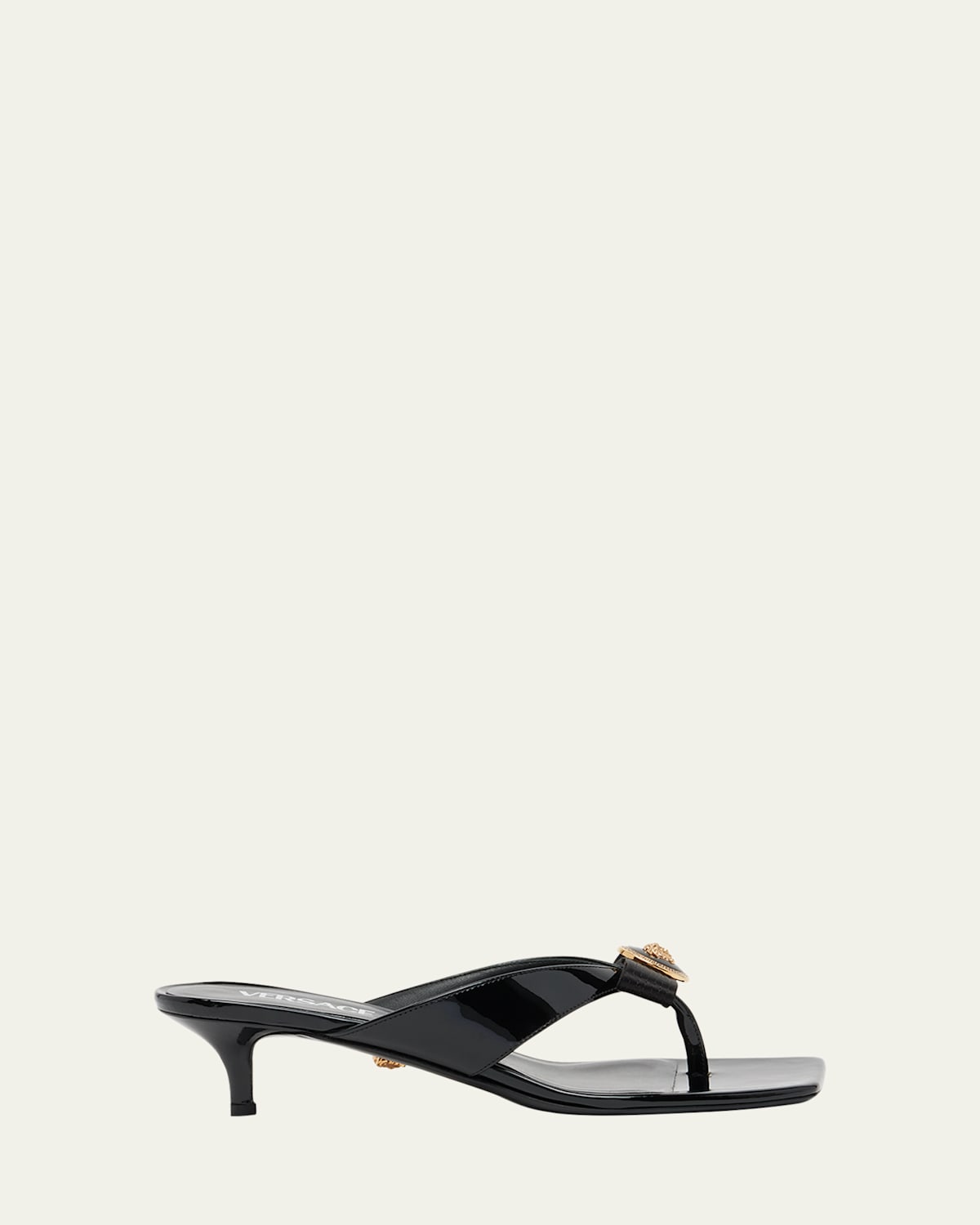 Shop Versace Medusa Patent Bow Thong Sandals In Black  Gold