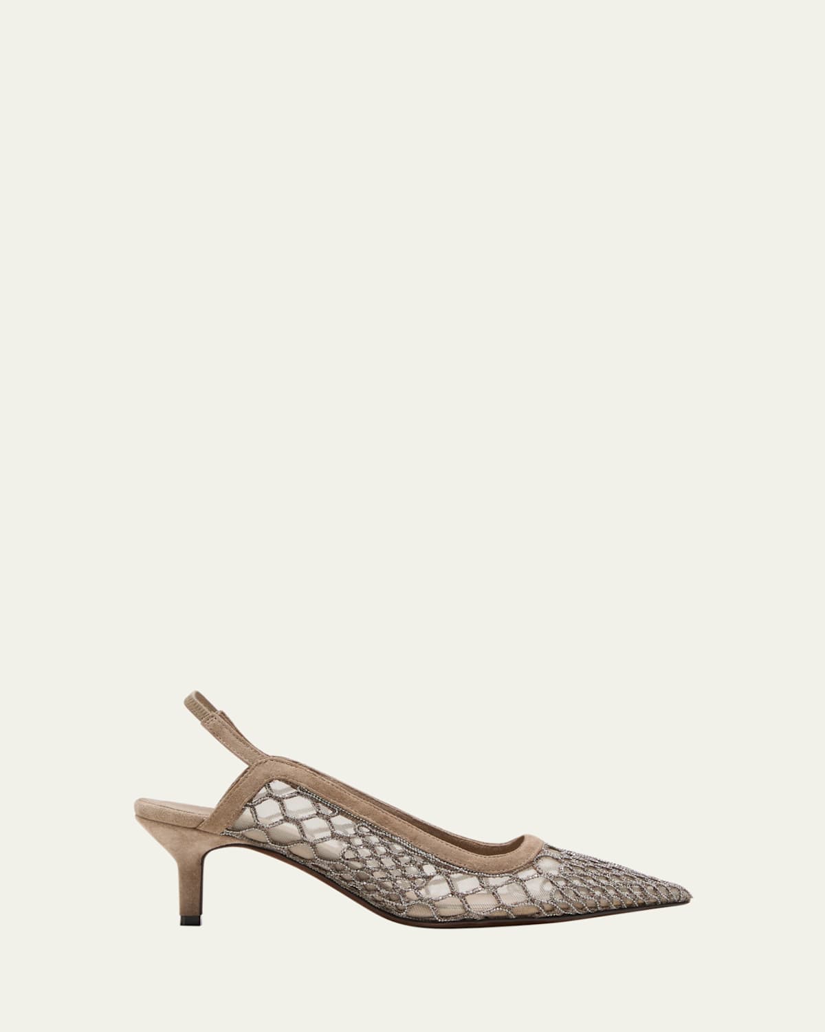 Brunello Cucinelli Crystal Mesh Net Slingback Pumps In Mud