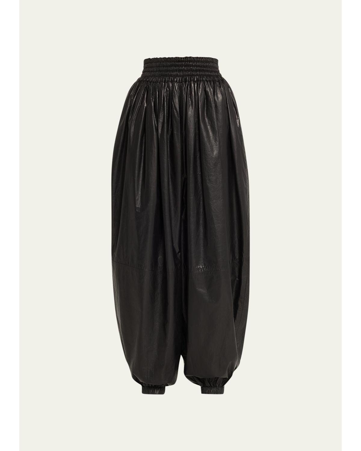 High-Waist Gathered Leather Pants