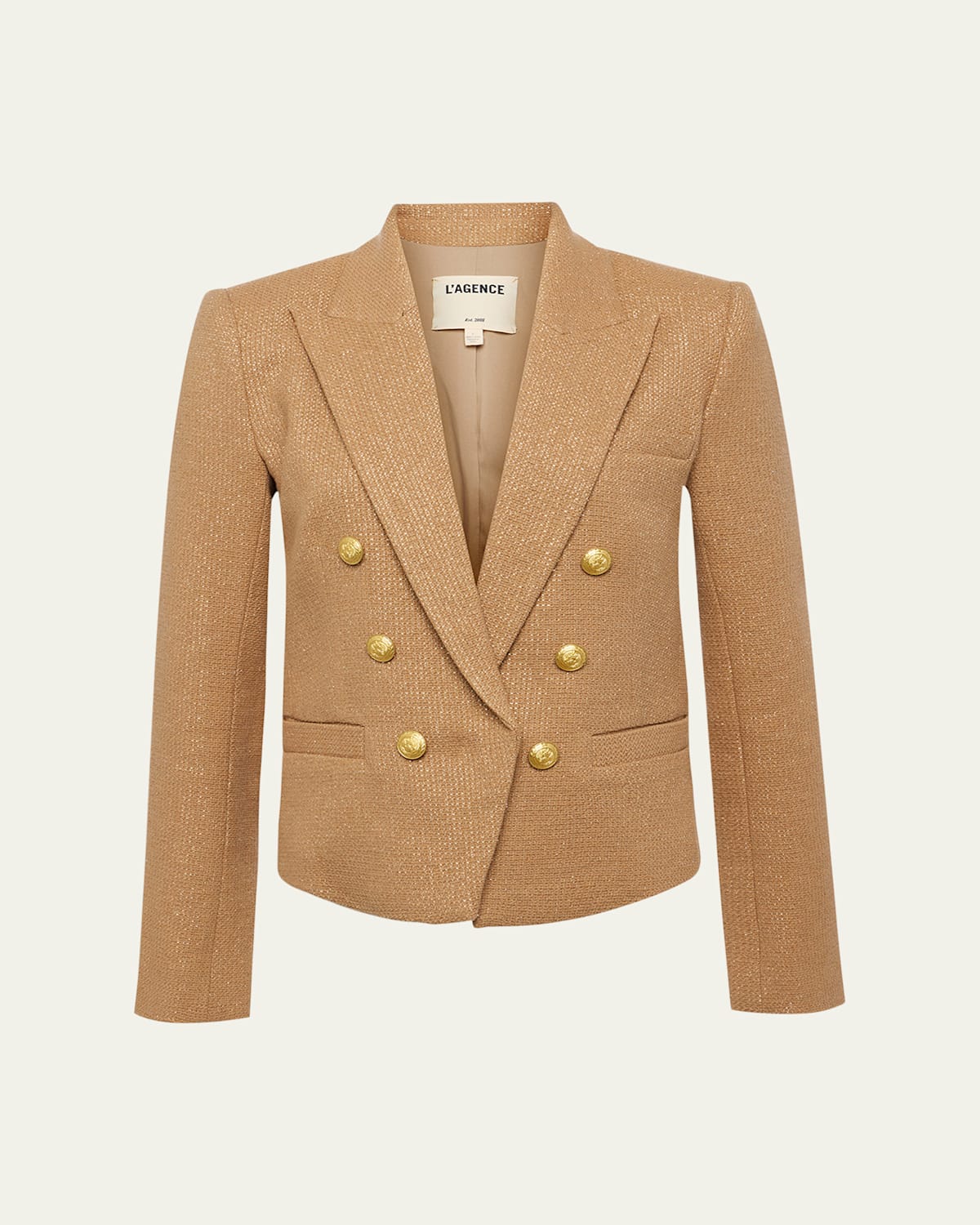 Shop L Agence Brooke Double-breasted Cropped Blazer In Lattegold