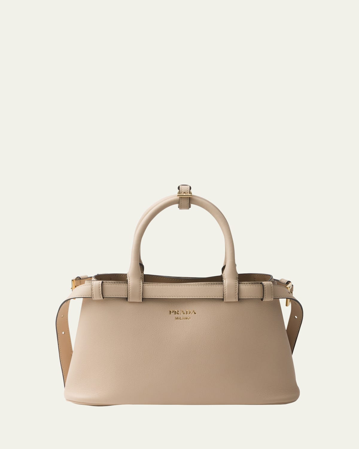 Prada Versatile Leather Handbag With Detachable Strap And Stylish Accessories In Travertino