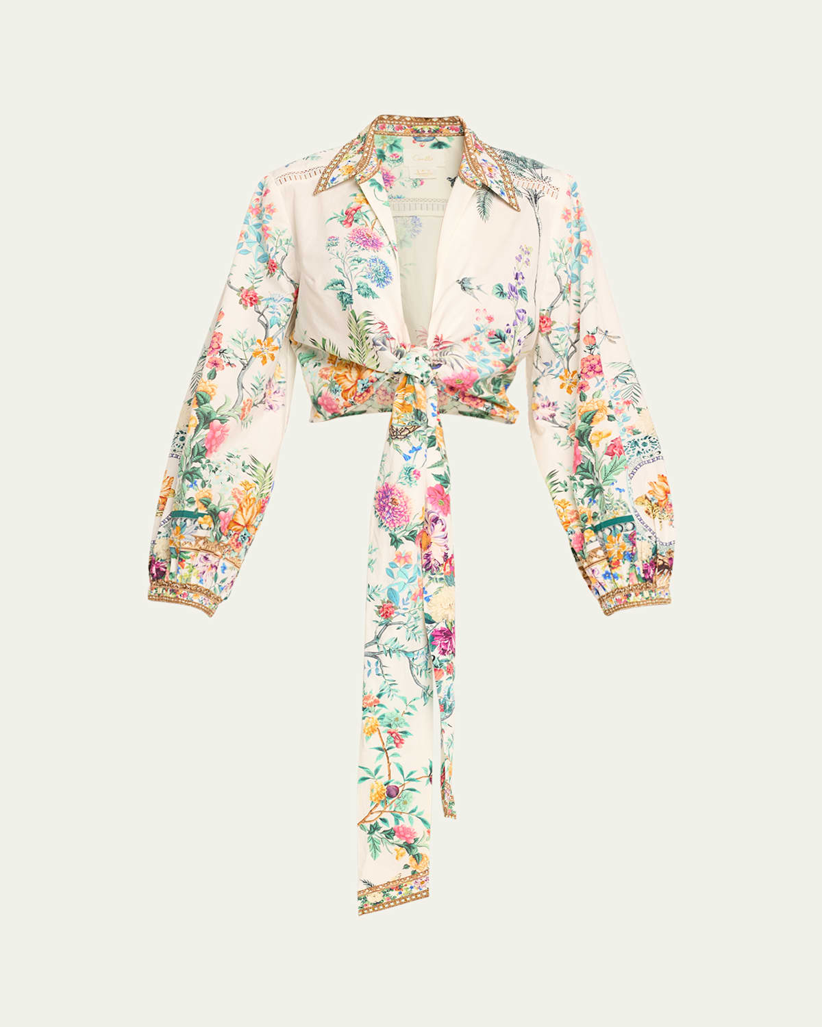 Shop Camilla Cropped Tie-front Organic Cotton Poplin Wrap Shirt In Plumes And Parterres