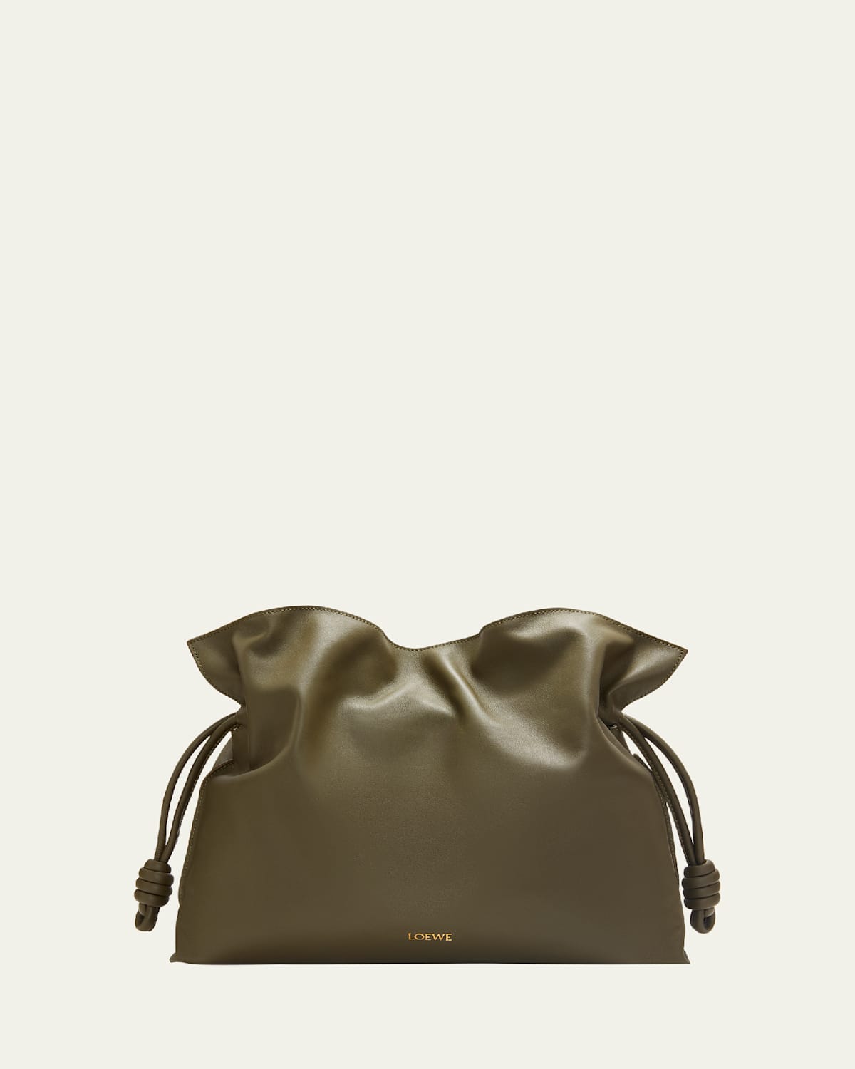 Loewe Flamenco Large Clutch Bag In Napa Leather With Golden Foil Anagram In Dark Khaki Green