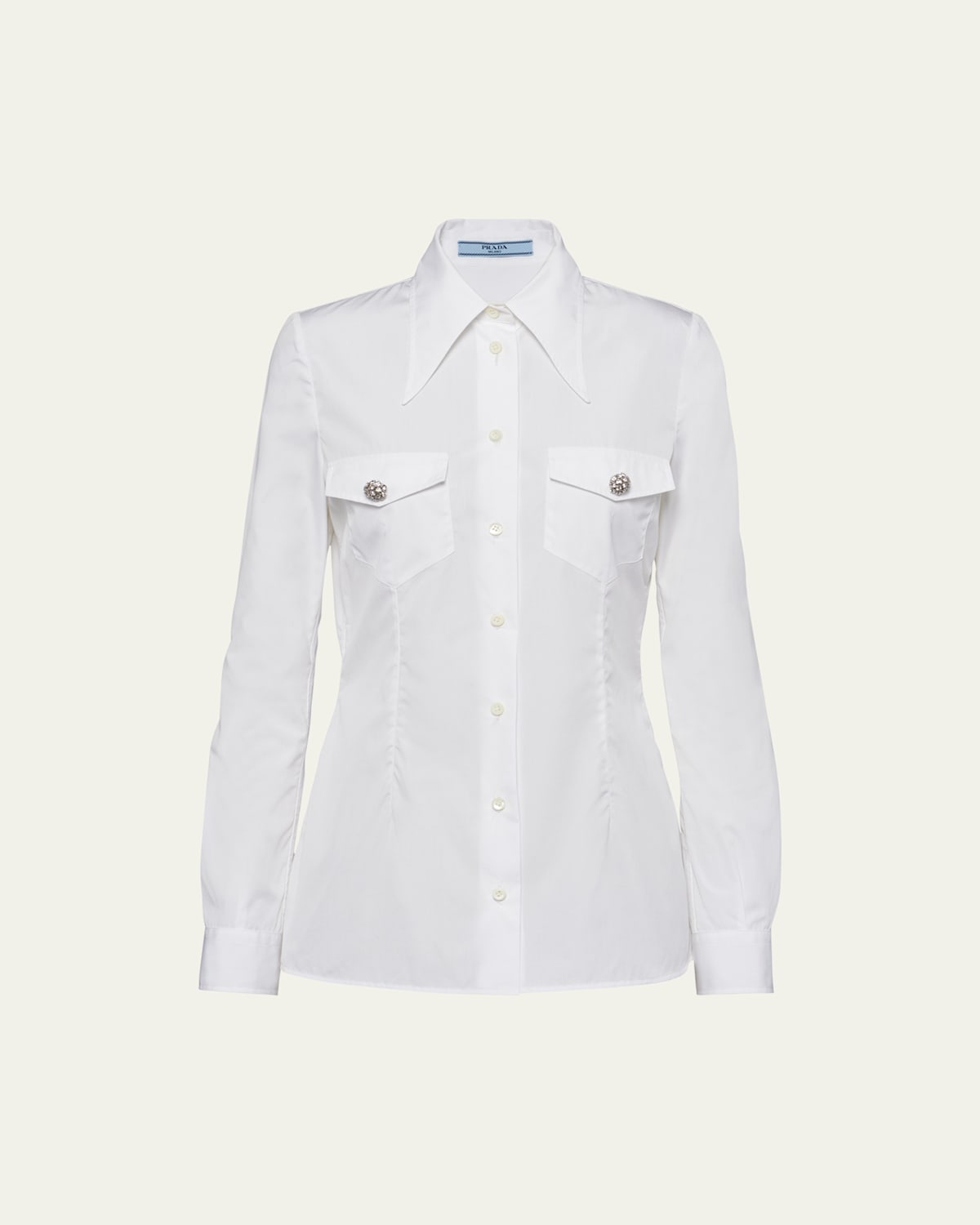 Prada Poplin Long-sleeve Top With Crystal Buttons In Bianco
