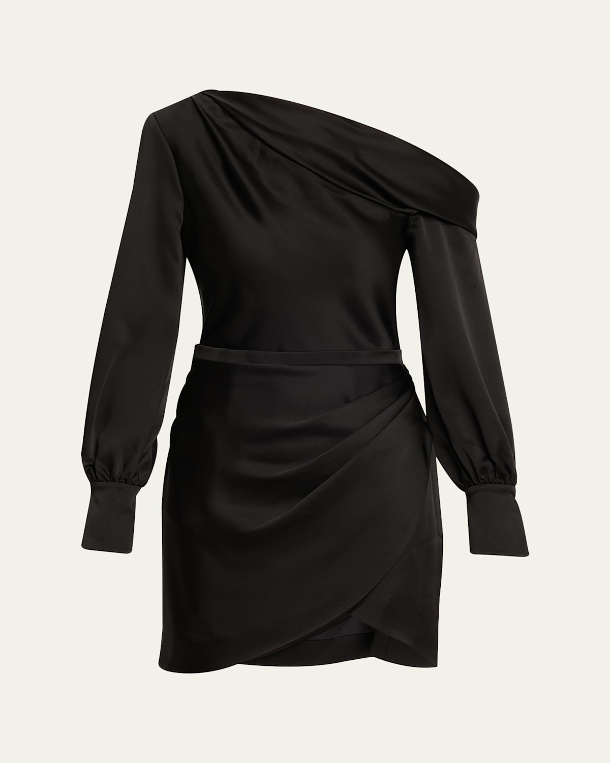 Simkhai Cameron One-shoulder Wrap-skirt Satin Mini Dress In Black