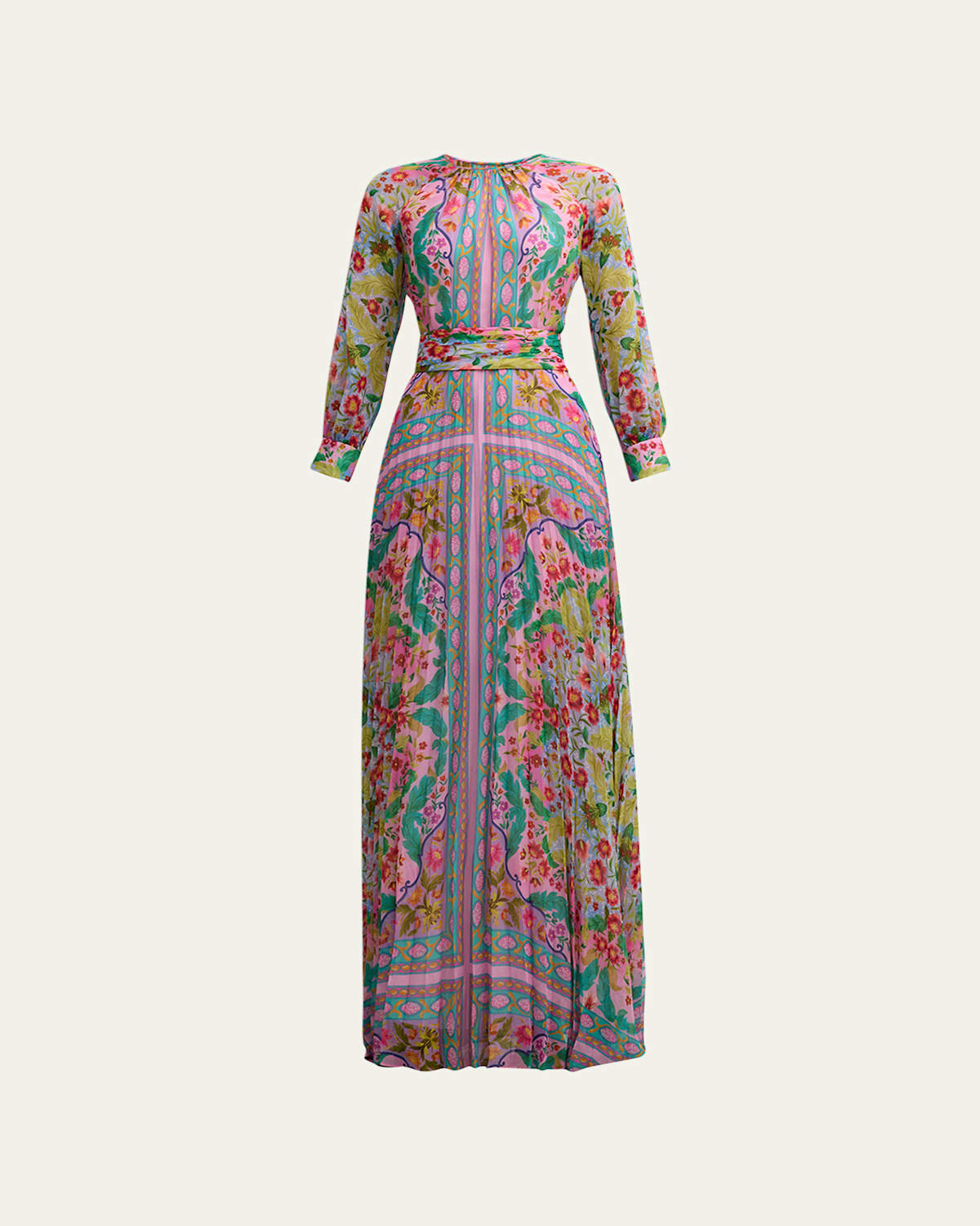 Pleated Floral-Print Chiffon Gown