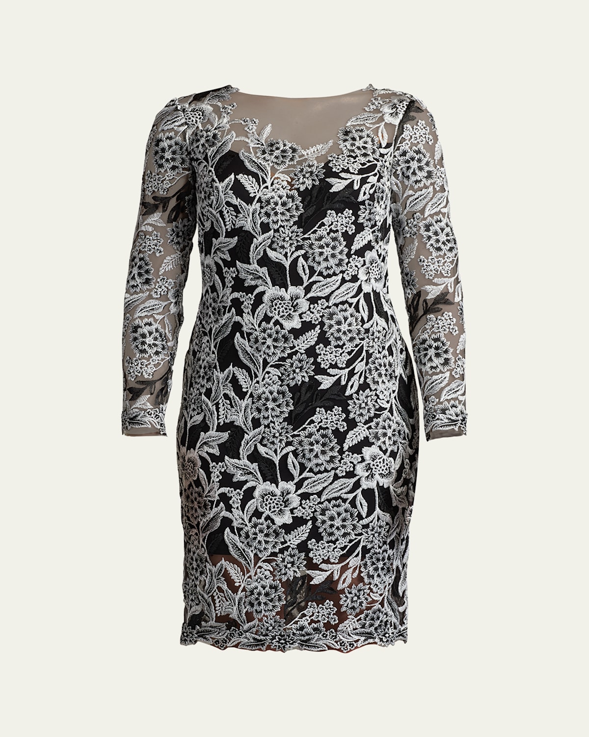 Floral-Embroidered Illusion Midi Dress