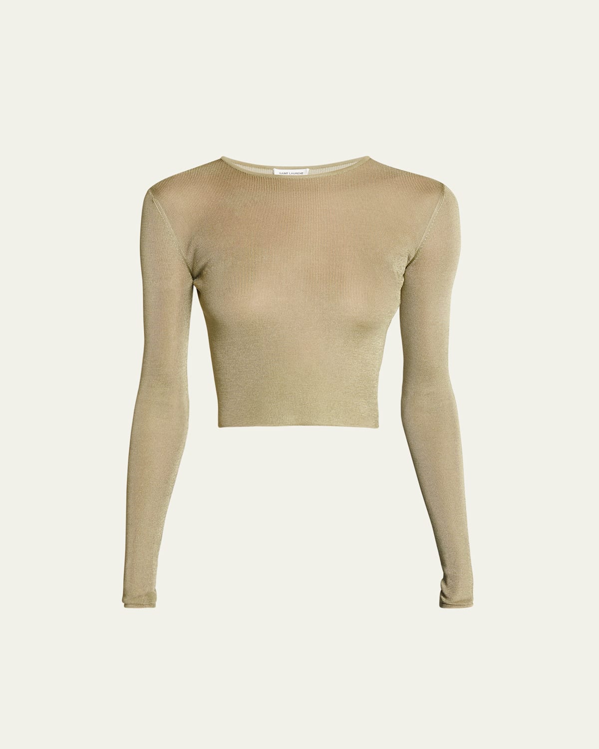 Saint Laurent Fine-knit Jersey Long-sleeve Cropped Top In Vert Amande