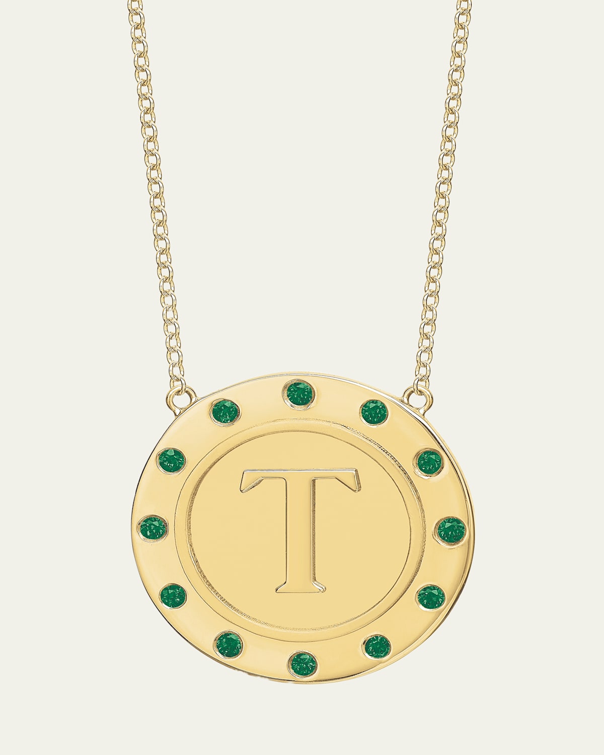 14K Gold Initial Token Necklace with Emeralds