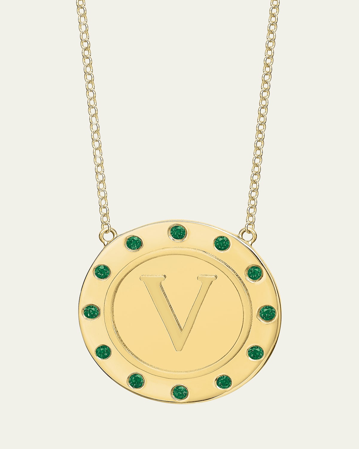 14K Gold Initial Token Necklace with Emeralds