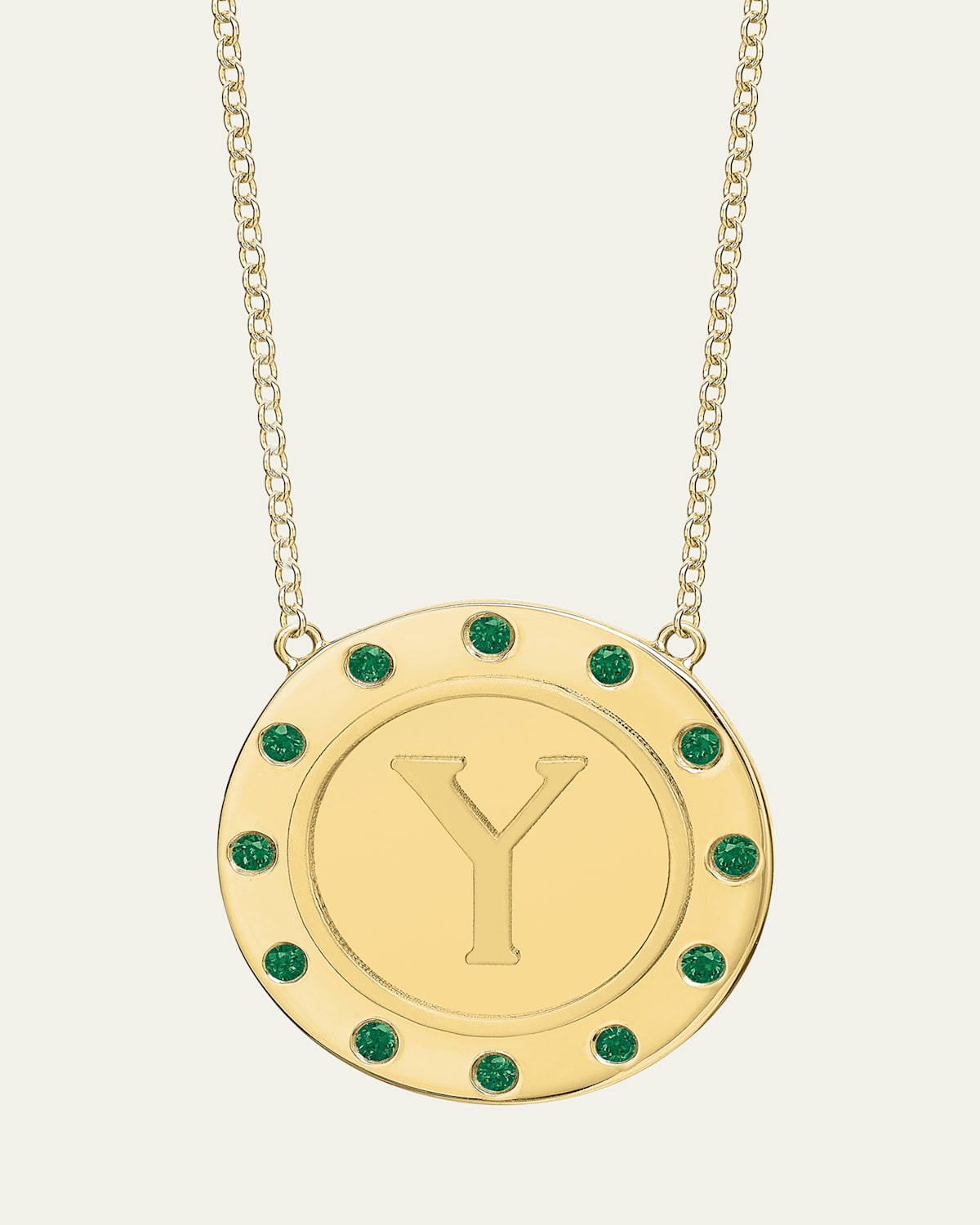 14K Gold Initial Token Necklace with Emeralds