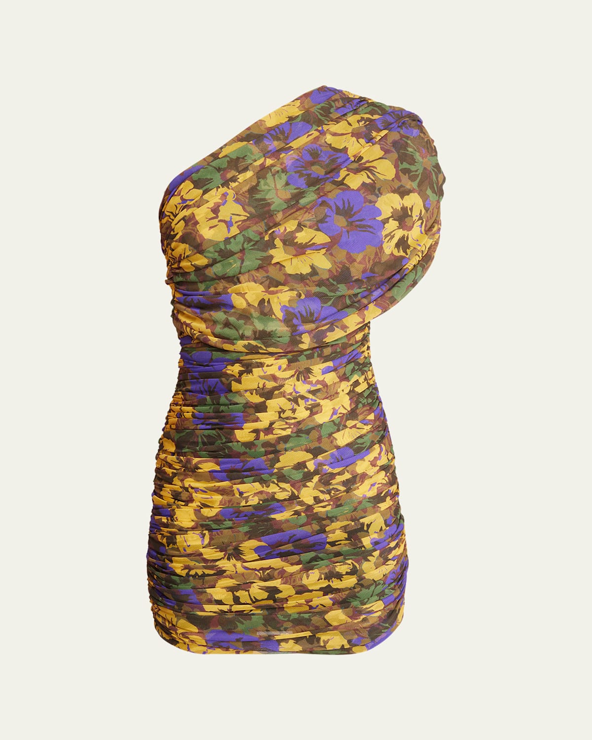 Saint Laurent One-shoulder Floral-print Ruched Tulle Mini Dress In Carbon Black