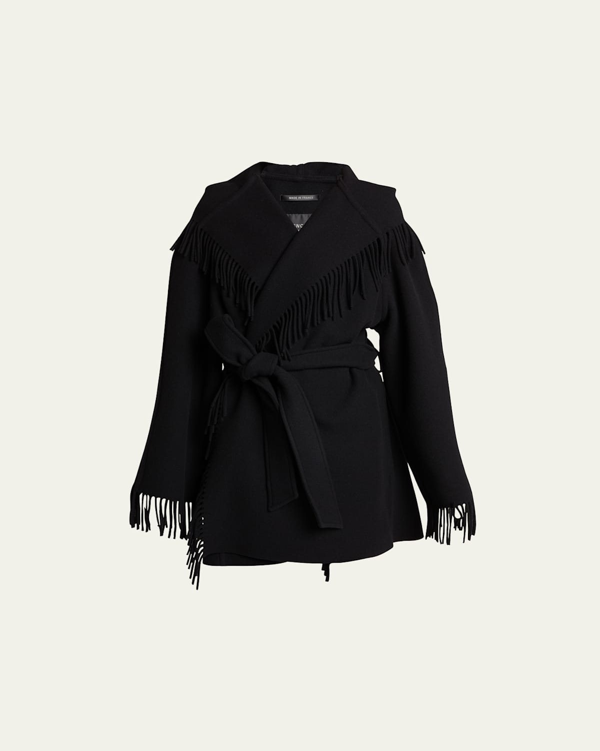 Hooded Fringe Oversized Self-Tie Wool Jacket