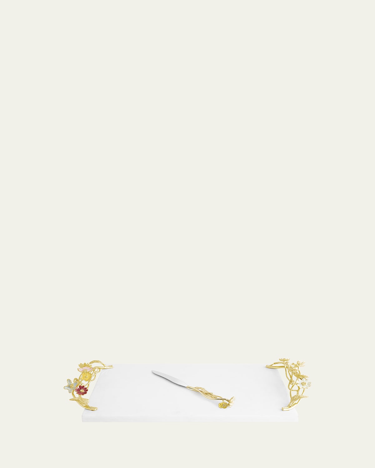 Michael Aram Wildflowers Cheeseboard With Knife In Gold Multi White Marble